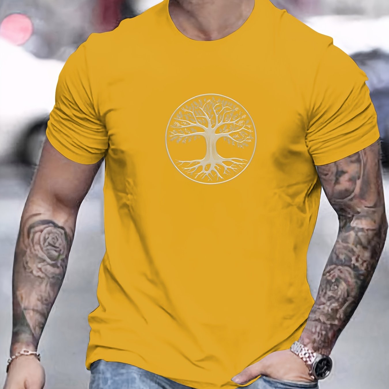 Camiseta masculina minimalista com estampa de árvore - preta e dourada, camiseta de verão respirável para uso diário e formal
