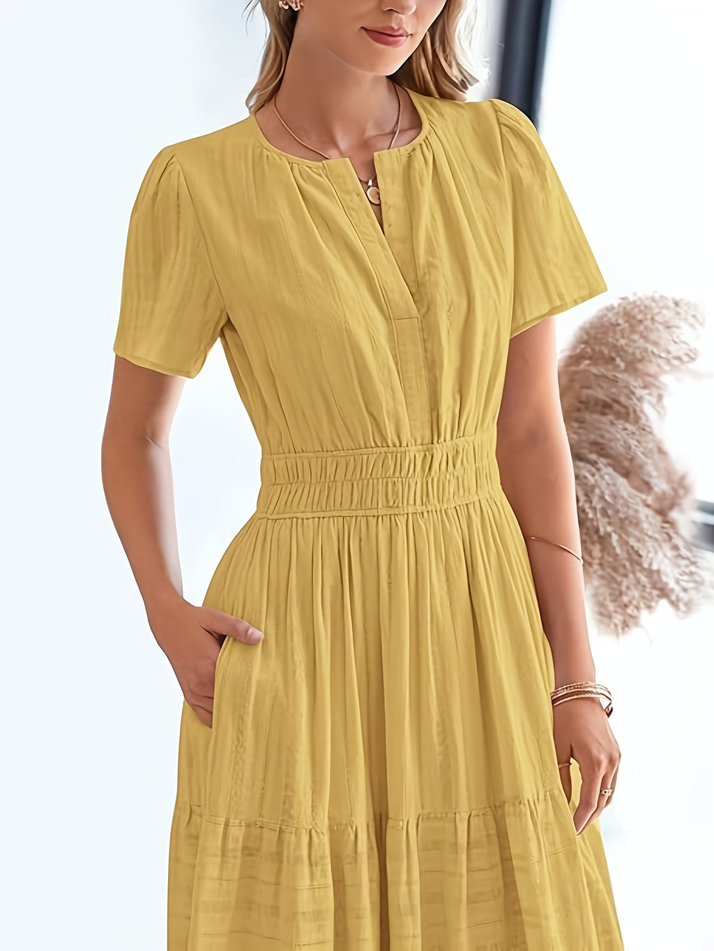 Elegant Navy Blue V-Neck Pleated Maxi Dress for Women - Summer Fashion with Ruffled Hem, Short Sleeves, and Cinched Waist, Polyester Fabric, Machine Washable, Cute Dress