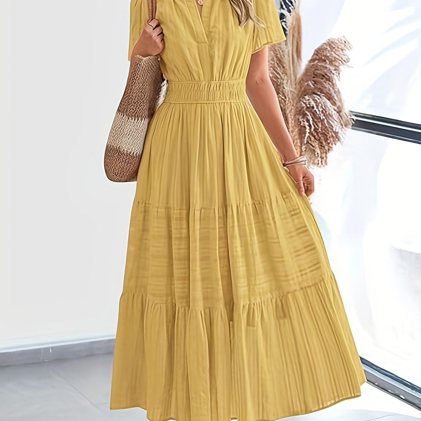 Elegant Navy Blue V-Neck Pleated Maxi Dress for Women - Summer Fashion with Ruffled Hem, Short Sleeves, and Cinched Waist, Polyester Fabric, Machine Washable, Cute Dress