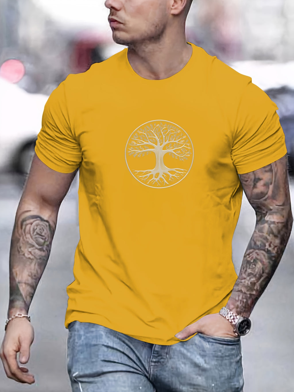 Camiseta masculina minimalista com estampa de árvore - preta e dourada, camiseta de verão respirável para uso diário e formal