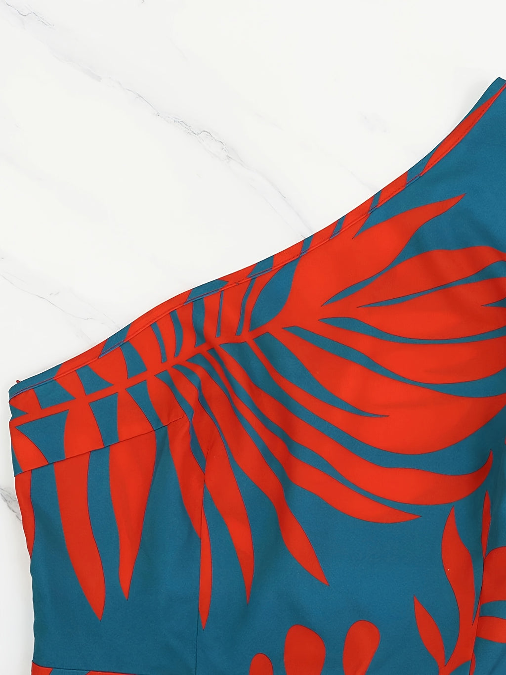 1pc Women'S Tropical Print Maxi Dress, One-Shoulder Ruffle Detail, Polyester A-Line Pendulum Style, Casual Spring/Summer/Fall Wear