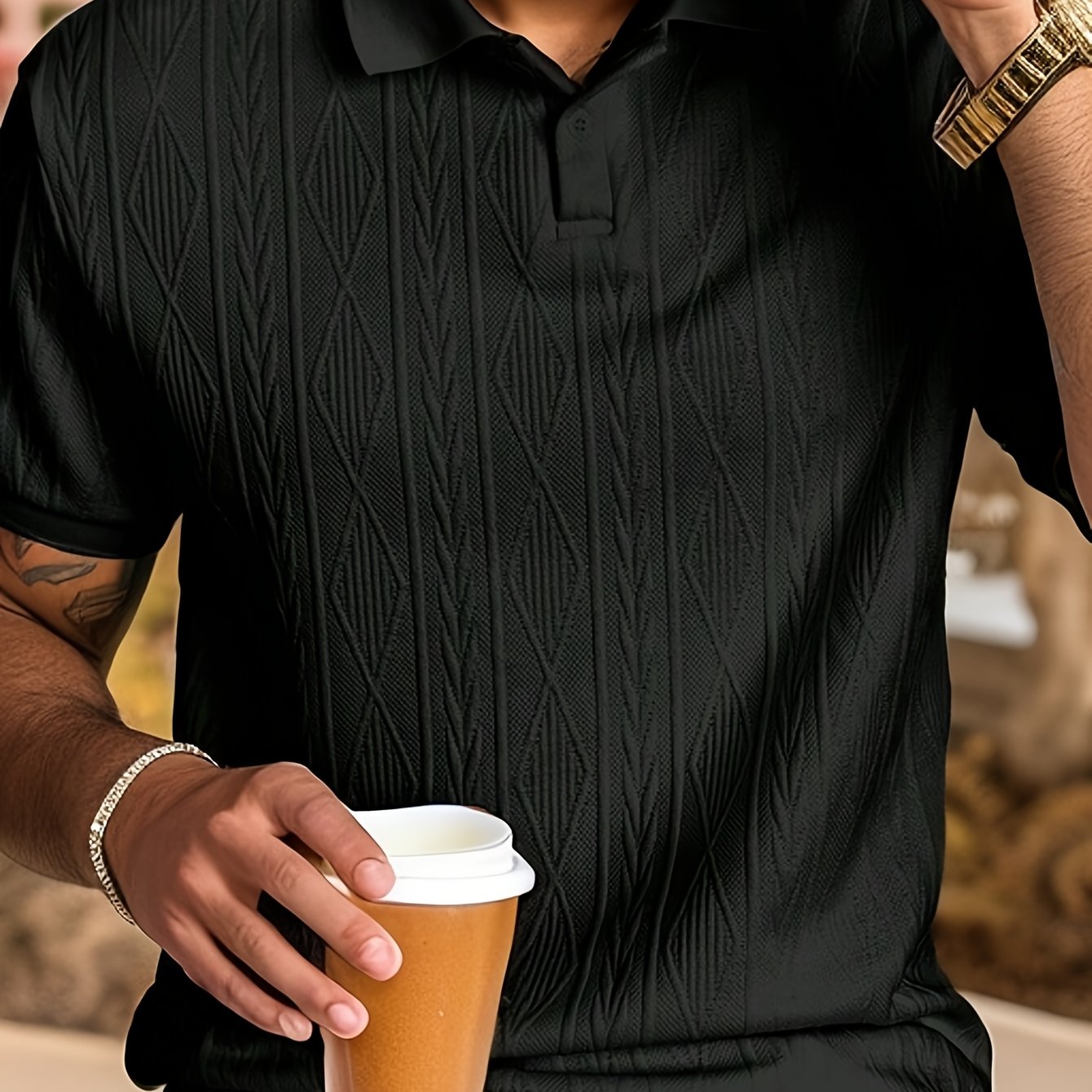 Men'S Casual Black Textured Polo Shirt with "LOVE" Design - Perfect Valentine'S Day Gift for Boyfriend or Husband, Casual Summer Top|Textured Pattern Shirt|Polyester Knit Fabric