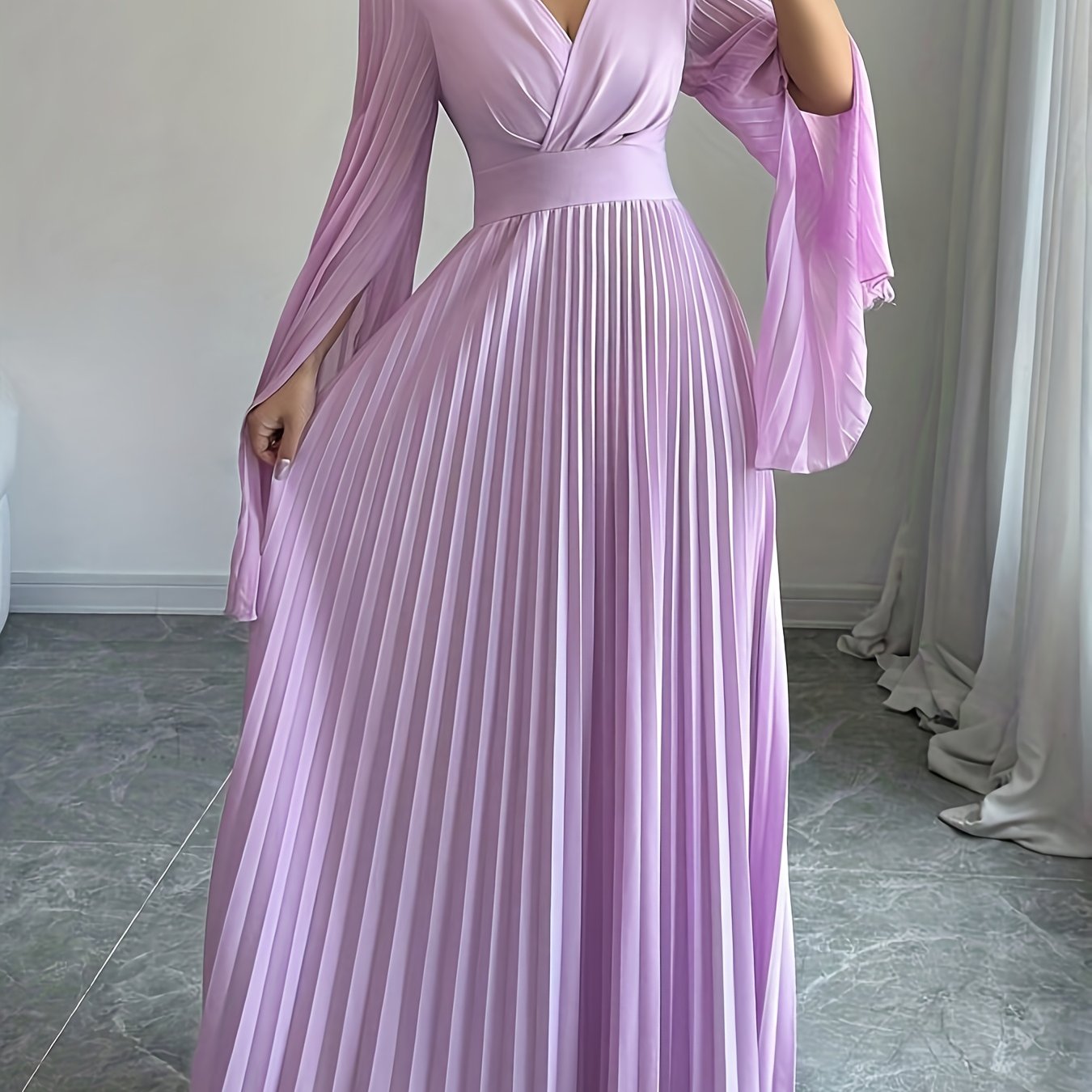 Women's Elegant V-Neck Pleated Open Sleeve Maxi Dress - Fitted Solid Black Machine-Washable Lightweight Spring/Summer Romantic Formal & Casual Outfit