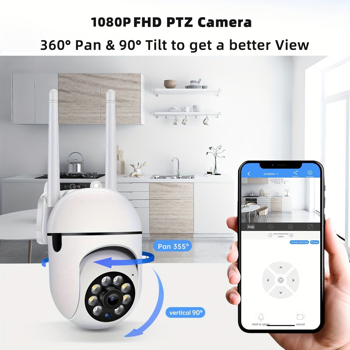 1pc JOOAN Smart Security Camera with 1080P HD, 360° Panoramic View, Wireless Wifi, 2-Way Audio, PTZ (Pan/Tilt/Zoom), Night Vision, Motion Tracking - Indoor/Outdoor Use for Elderly Care & Pet Monitoring, Elderly Care Device,