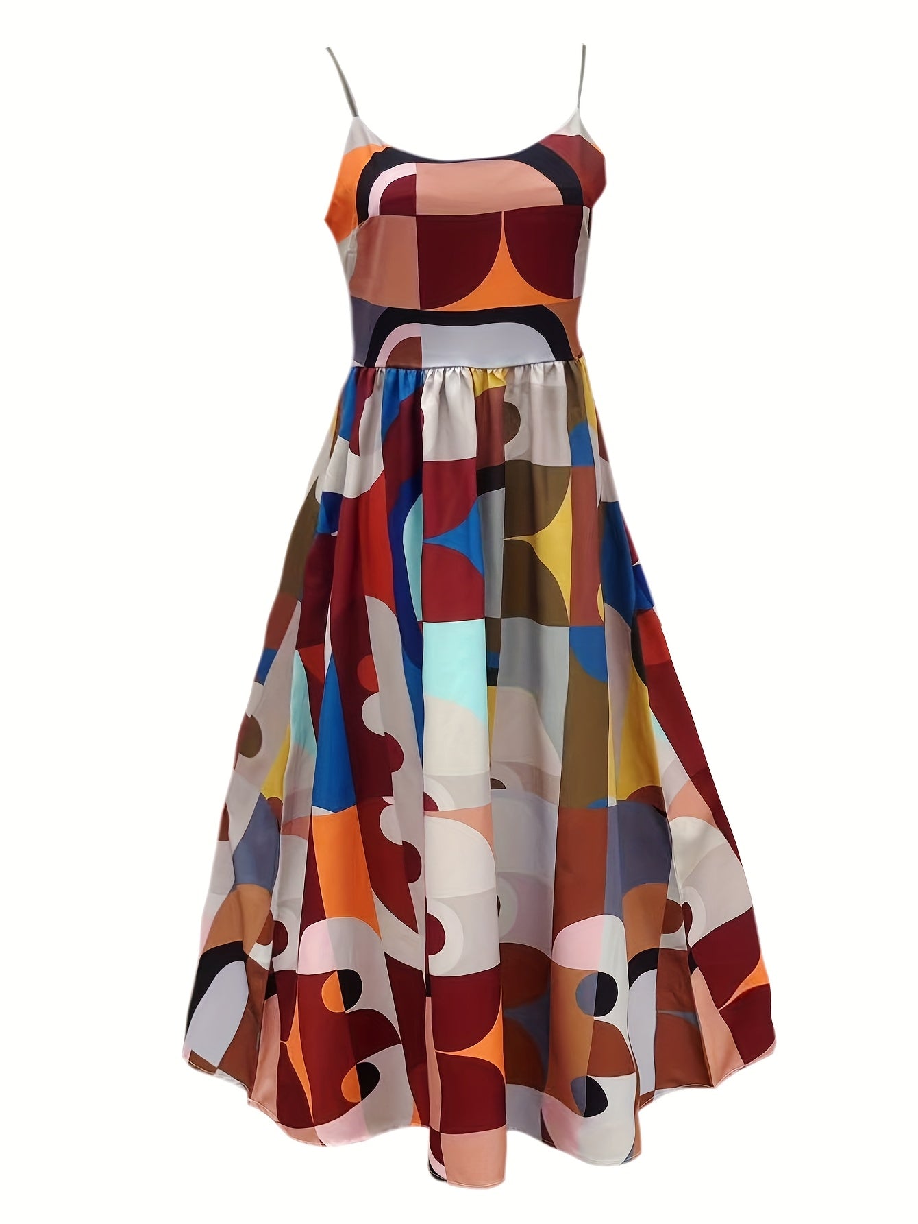 2025 Colorful Retro Geometric Print Spaghetti Strap Dress Sweet Youthful Elegant Bohemian Vacation Style Adjustable Thin Straps Beach Sleeveless Mid-Length Spaghetti Strap Dress Summer Unique Special Holiday Gift Dress Beachw