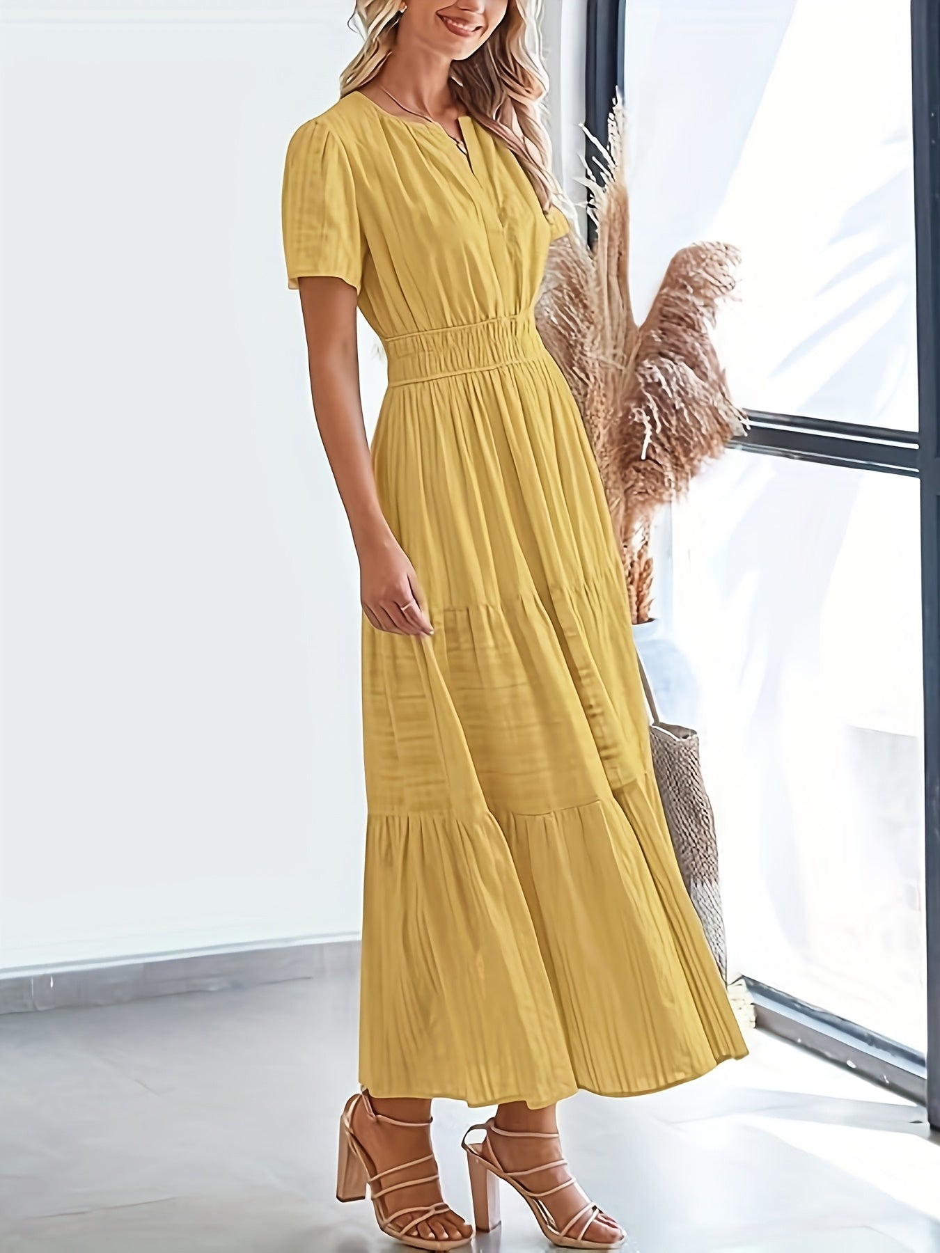 Elegant Navy Blue V-Neck Pleated Maxi Dress for Women - Summer Fashion with Ruffled Hem, Short Sleeves, and Cinched Waist, Polyester Fabric, Machine Washable, Cute Dress