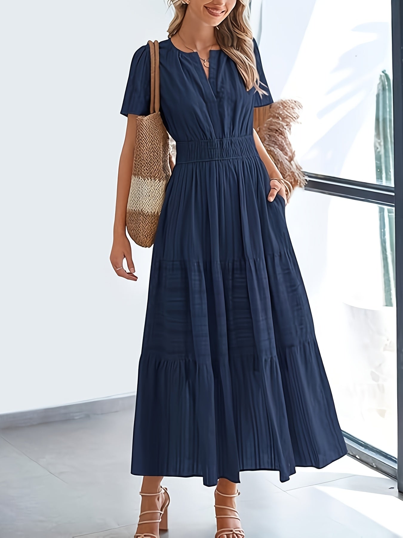 Elegant Navy Blue V-Neck Pleated Maxi Dress for Women - Summer Fashion with Ruffled Hem, Short Sleeves, and Cinched Waist, Polyester Fabric, Machine Washable, Cute Dress