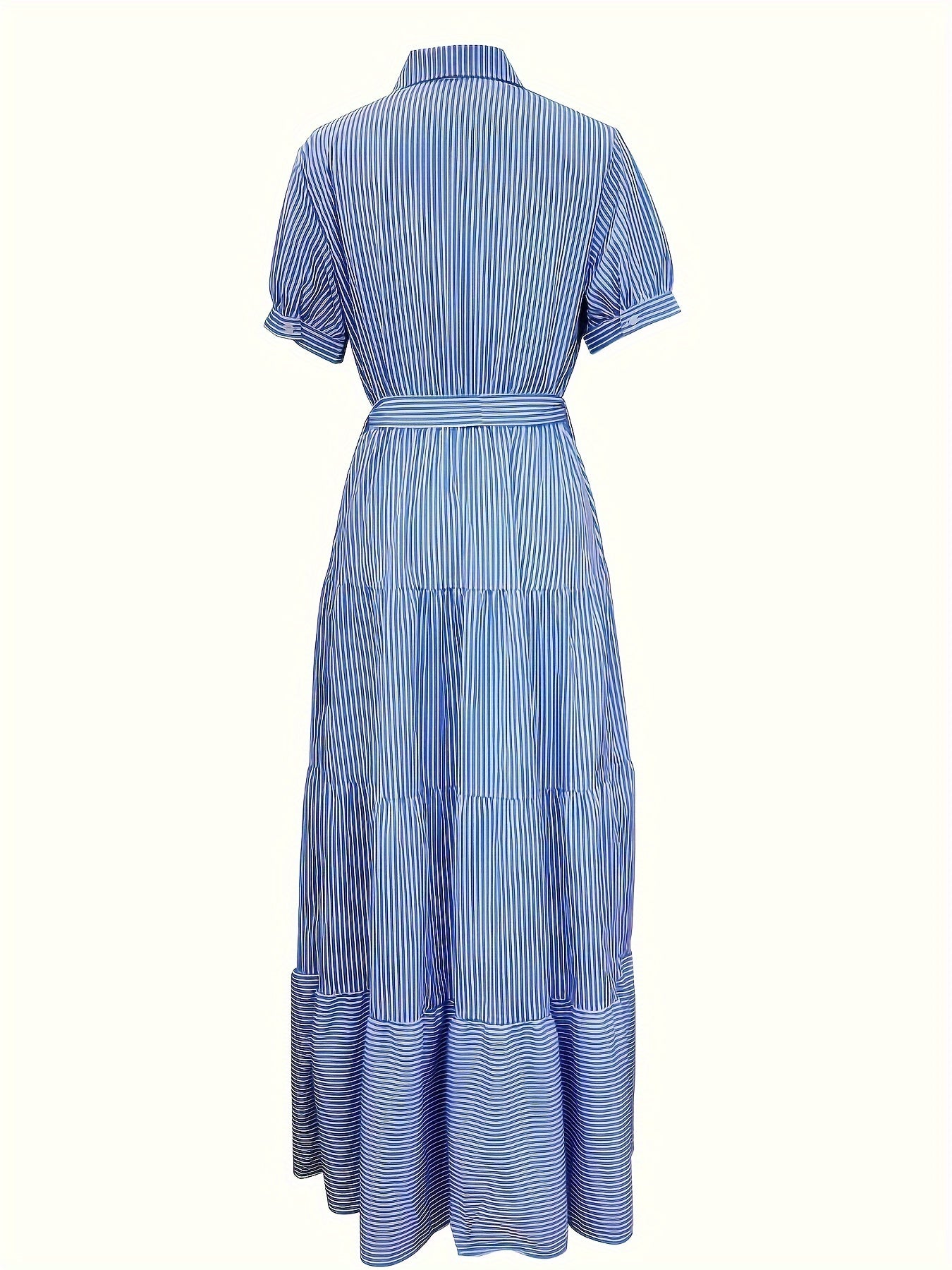 [1pc Striped Tunic Dress Vacation] 1pc FD492 Summer Vacation Style Striped Tunic Dress, Polyester 95% Elastane 5%, Lapel Collar with Belt Detail, Woven Midi Length for Adults