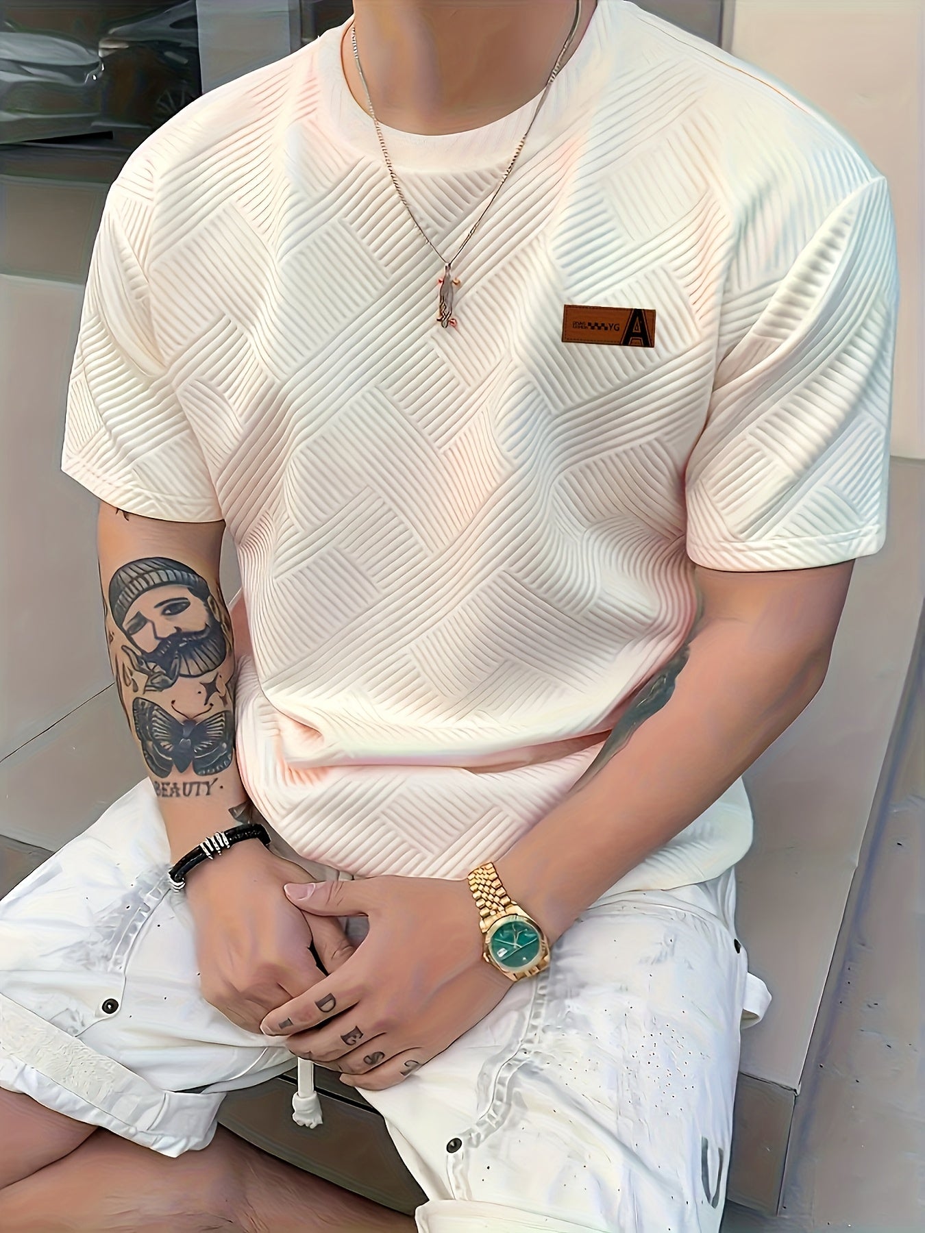 Men'S Casual Beige 3D-Cut Pattern Short Sleeve T-Shirt - 100% Polyester, Lightweight Knit Fabric, Slight Stretch, Regular Fit, Crew Neck, Fashion Color Top for Casual Attire, Leisure Clothing | Fashion Color Top | 3D-Cut Desi