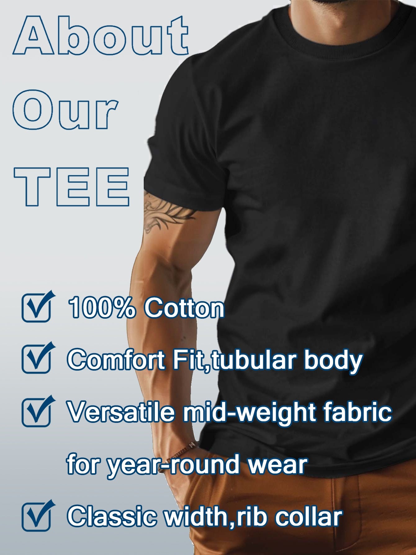 Men's Heavyweight 210gsm 100% Cotton T-Shirt - Navy Blue Crew Neck Tee, Relaxed Fit Everyday Casual Shirt for Gym, Office & Outings - Machine Washable, Weekend Attire, Graphic Print Tee, Comfortable Material, Short Sleeve Top
