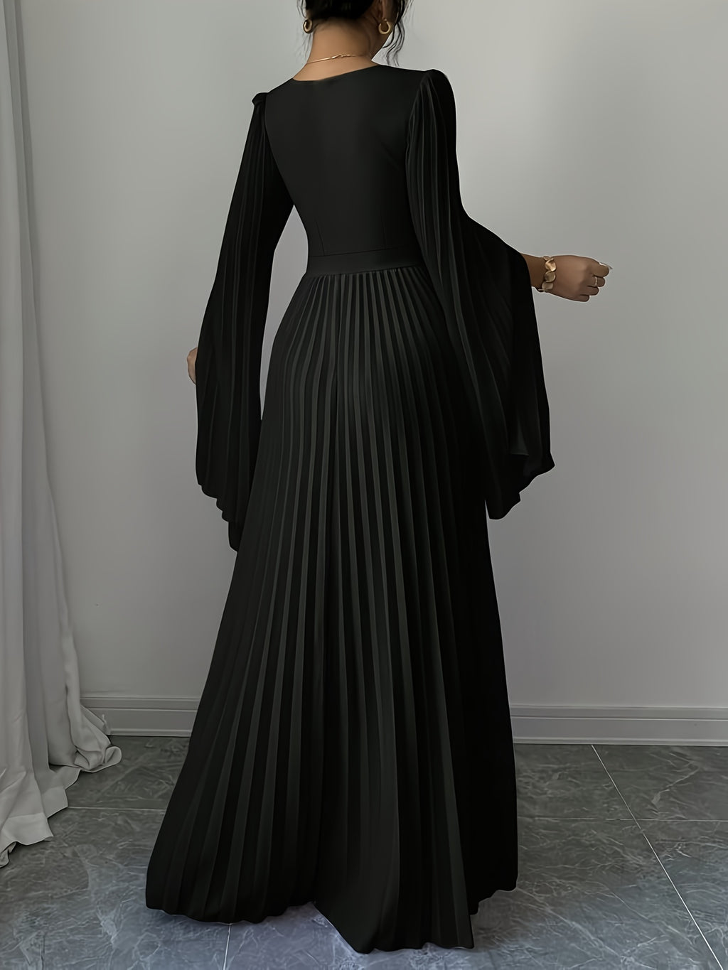 Women's Elegant V-Neck Pleated Open Sleeve Maxi Dress - Fitted Solid Black Machine-Washable Lightweight Spring/Summer Romantic Formal & Casual Outfit