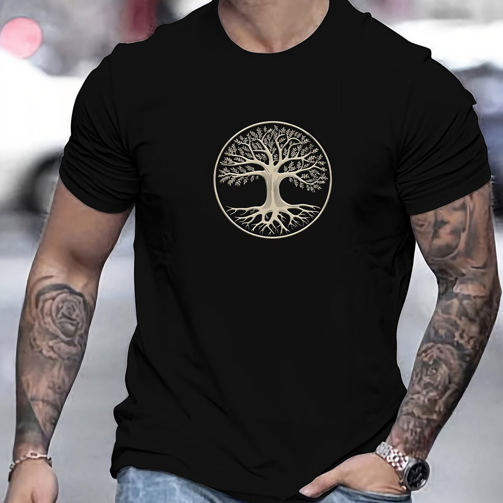 Camiseta masculina minimalista com estampa de árvore - preta e dourada, camiseta de verão respirável para uso diário e formal
