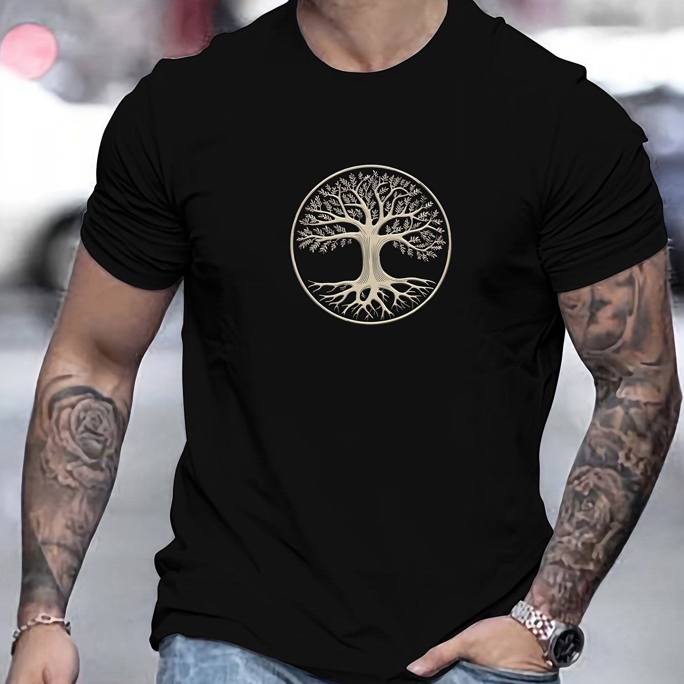 Camiseta masculina minimalista com estampa de árvore - preta e dourada, camiseta de verão respirável para uso diário e formal