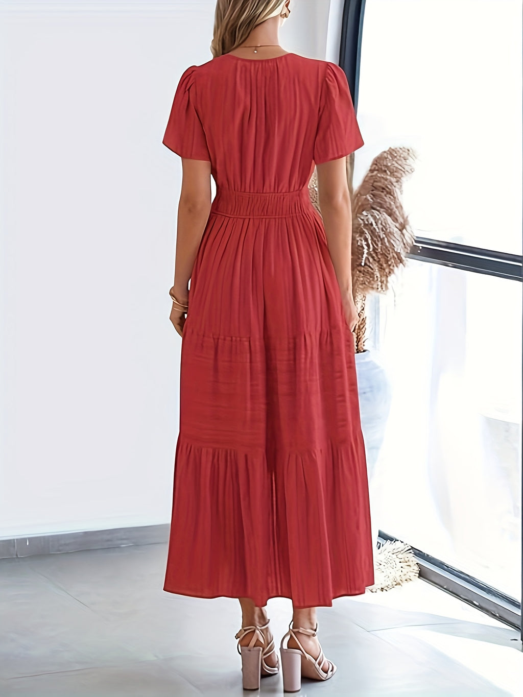 Elegant Navy Blue V-Neck Pleated Maxi Dress for Women - Summer Fashion with Ruffled Hem, Short Sleeves, and Cinched Waist, Polyester Fabric, Machine Washable, Cute Dress