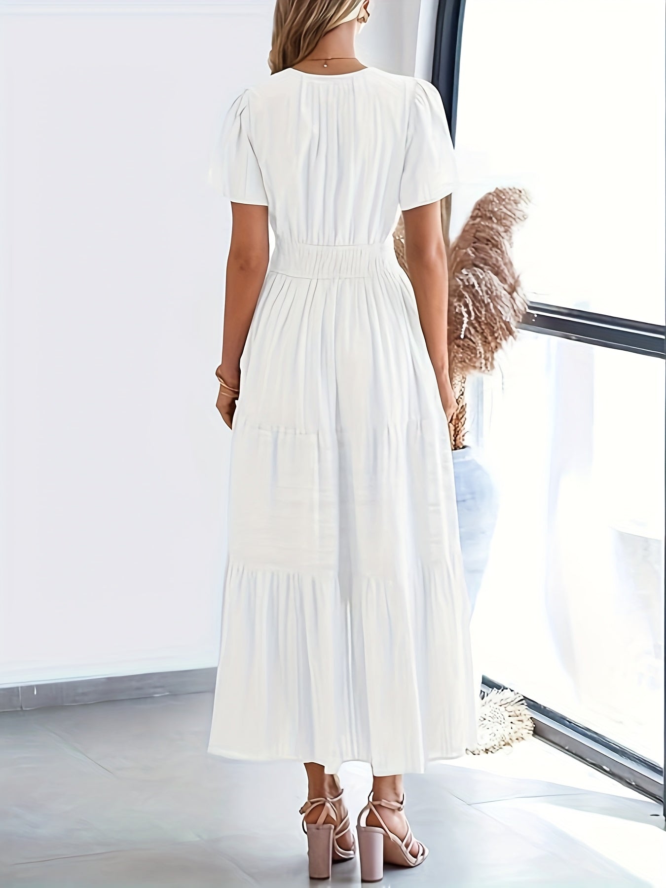 Elegant Navy Blue V-Neck Pleated Maxi Dress for Women - Summer Fashion with Ruffled Hem, Short Sleeves, and Cinched Waist, Polyester Fabric, Machine Washable, Cute Dress