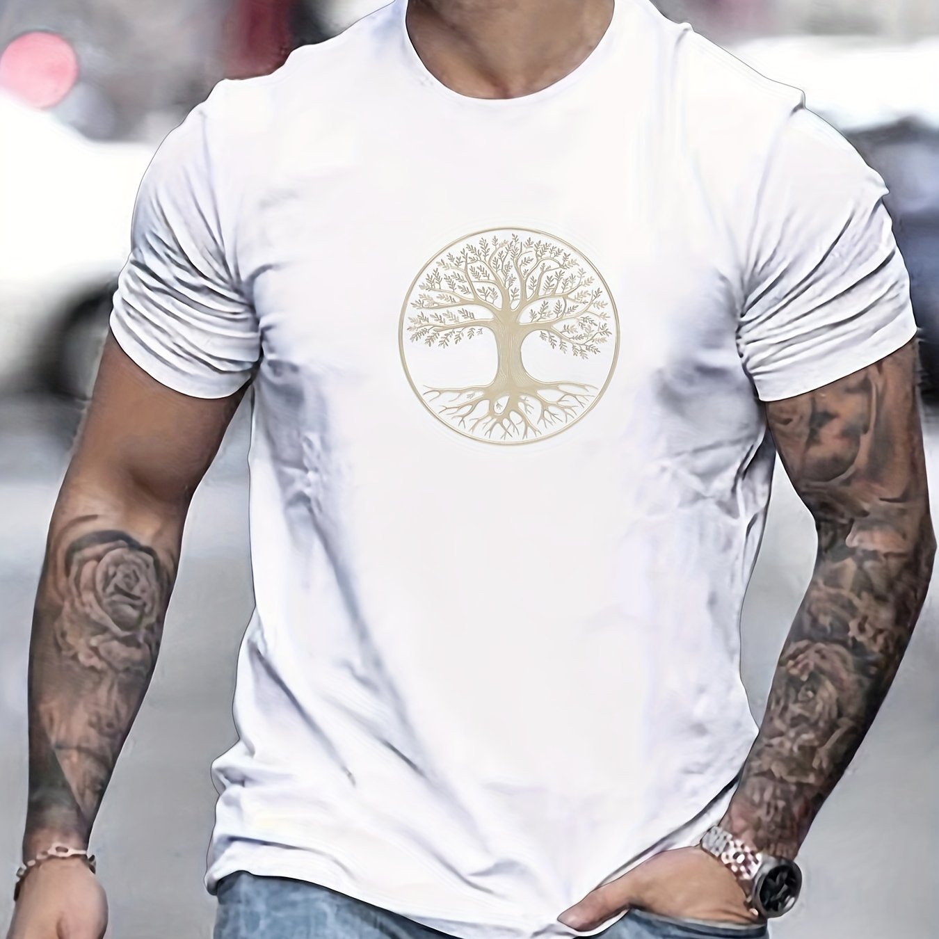 Camiseta masculina minimalista com estampa de árvore - preta e dourada, camiseta de verão respirável para uso diário e formal