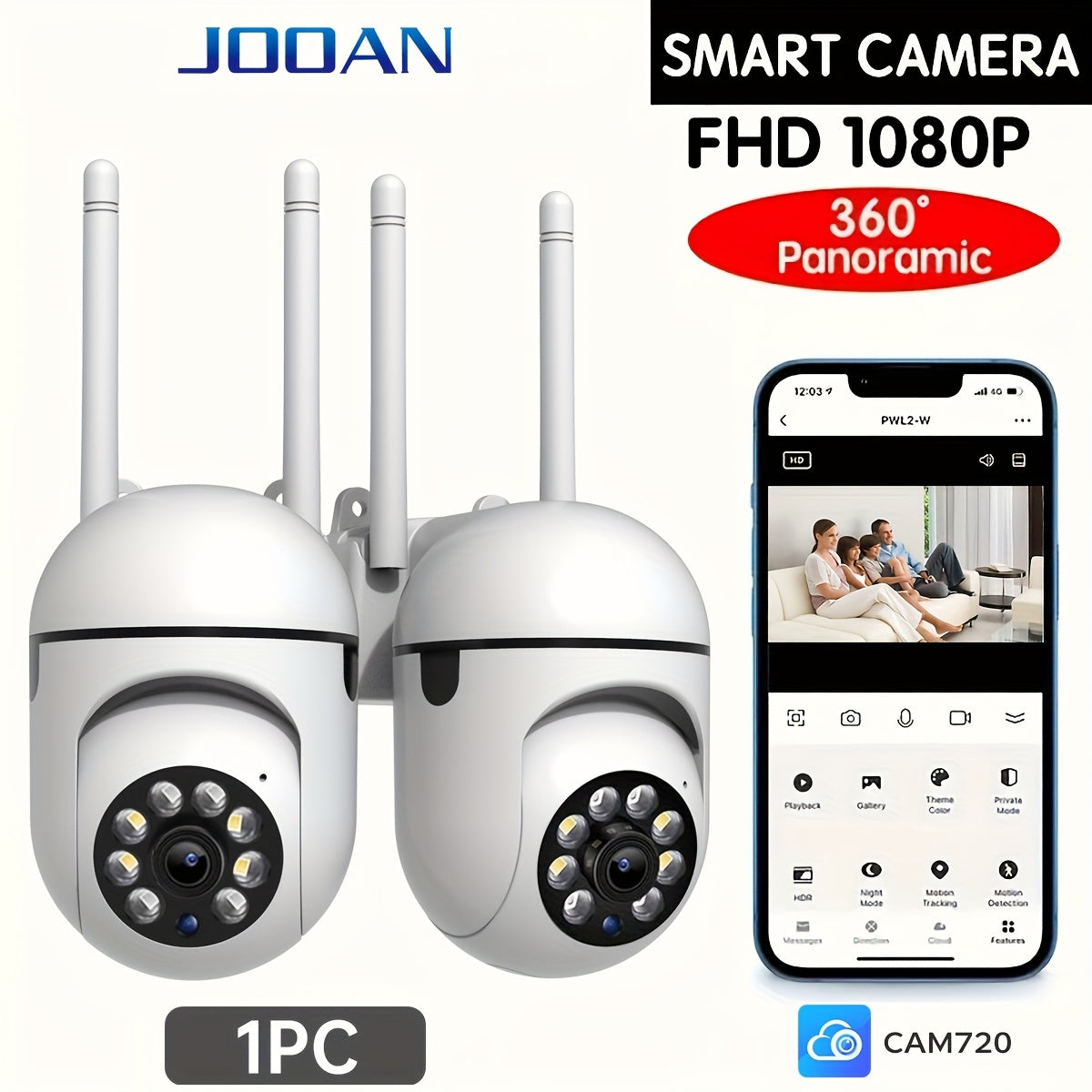 1pc JOOAN Smart Security Camera with 1080P HD, 360° Panoramic View, Wireless Wifi, 2-Way Audio, PTZ (Pan/Tilt/Zoom), Night Vision, Motion Tracking - Indoor/Outdoor Use for Elderly Care & Pet Monitoring, Elderly Care Device,