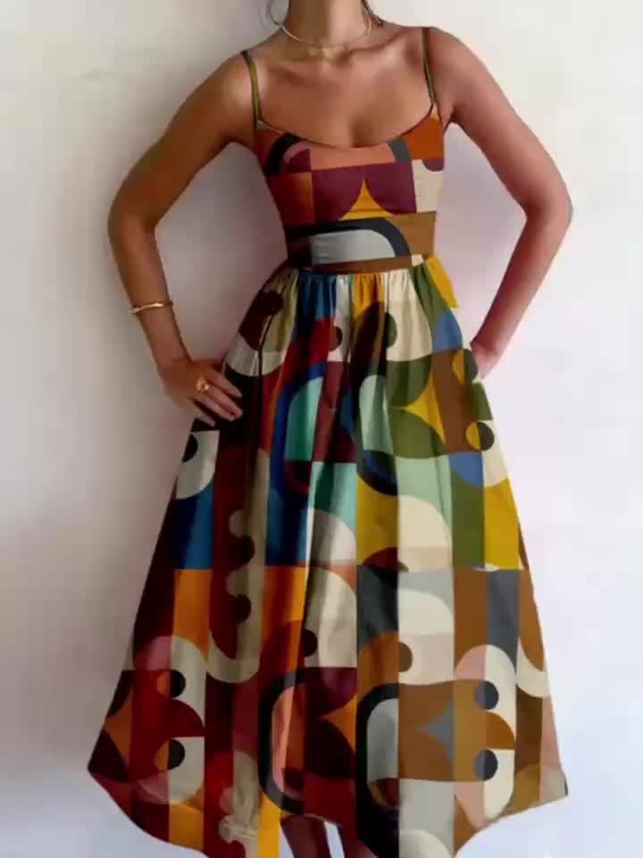 2025 Colorful Retro Geometric Print Spaghetti Strap Dress Sweet Youthful Elegant Bohemian Vacation Style Adjustable Thin Straps Beach Sleeveless Mid-Length Spaghetti Strap Dress Summer Unique Special Holiday Gift Dress Beachw