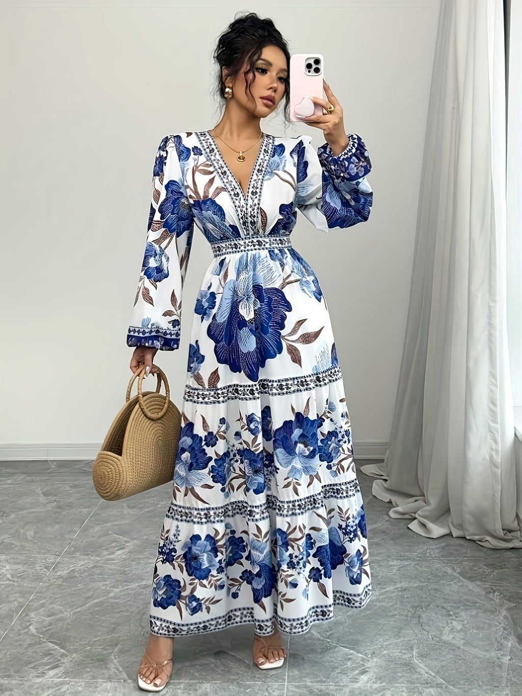 Women's Vacation Casual Floral Allover Print Lantern Sleeve Long Dress m186