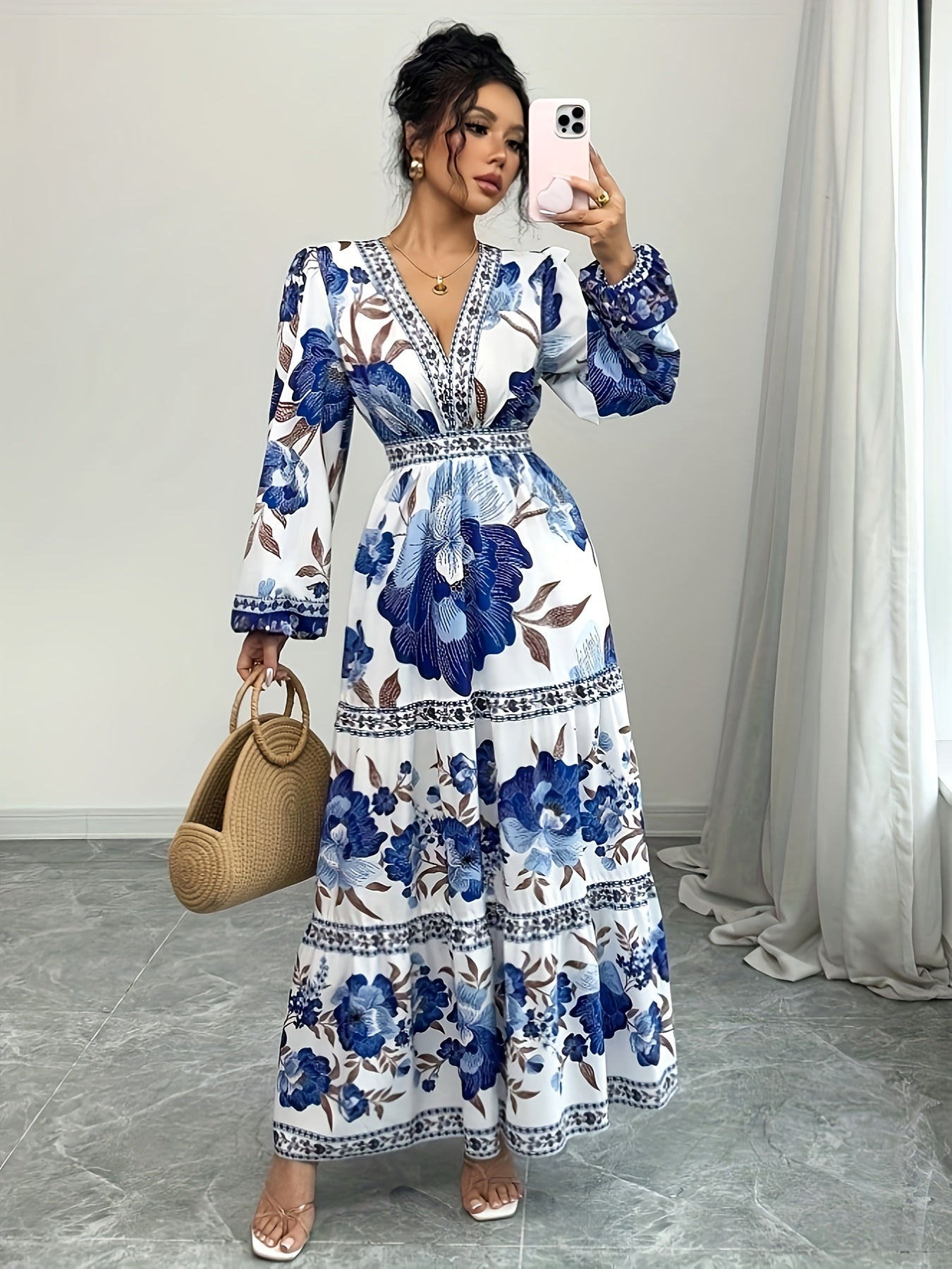 Women's Vacation Casual Floral Allover Print Lantern Sleeve Long Dress m186