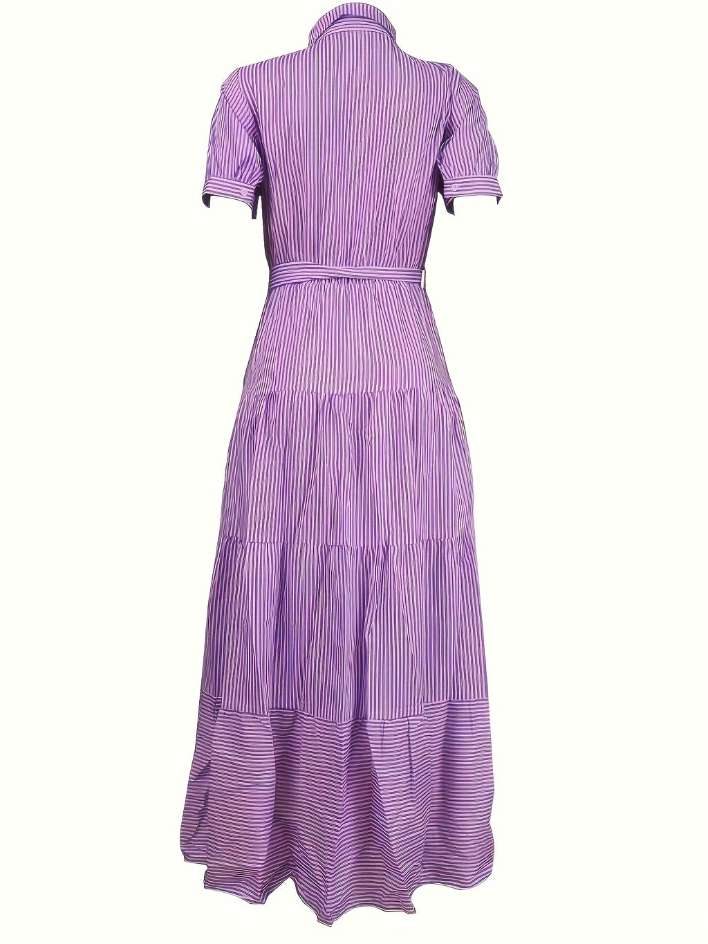 [1pc Striped Tunic Dress Vacation] 1pc FD492 Summer Vacation Style Striped Tunic Dress, Polyester 95% Elastane 5%, Lapel Collar with Belt Detail, Woven Midi Length for Adults