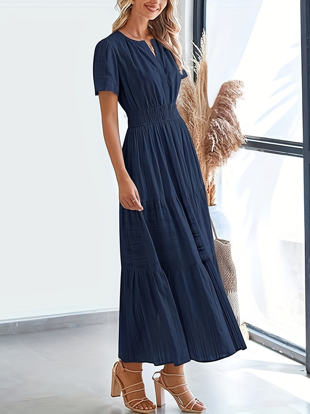 Elegant Navy Blue V-Neck Pleated Maxi Dress for Women - Summer Fashion with Ruffled Hem, Short Sleeves, and Cinched Waist, Polyester Fabric, Machine Washable, Cute Dress