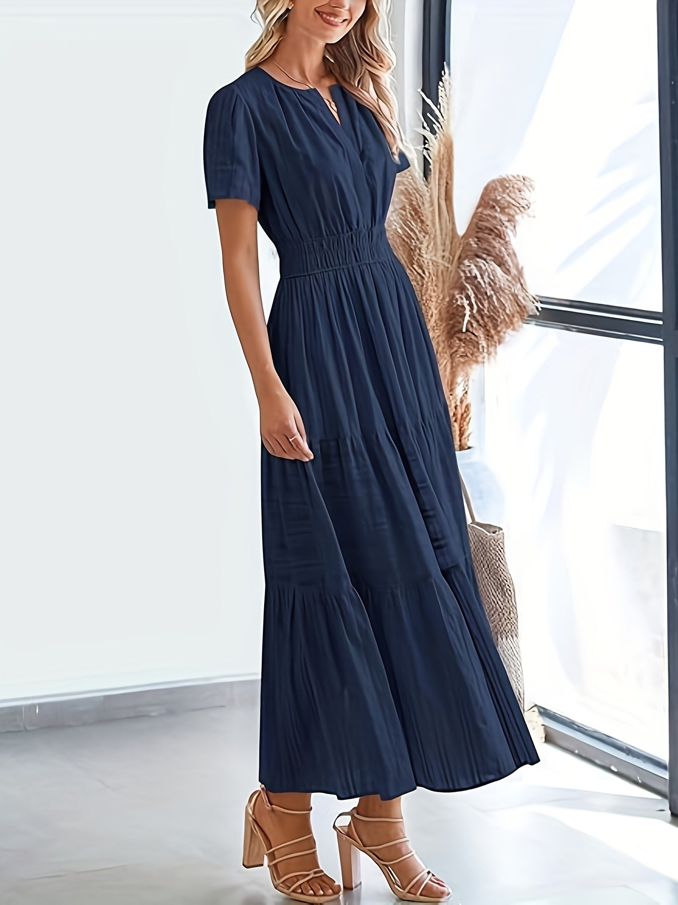 Elegant Navy Blue V-Neck Pleated Maxi Dress for Women - Summer Fashion with Ruffled Hem, Short Sleeves, and Cinched Waist, Polyester Fabric, Machine Washable, Cute Dress