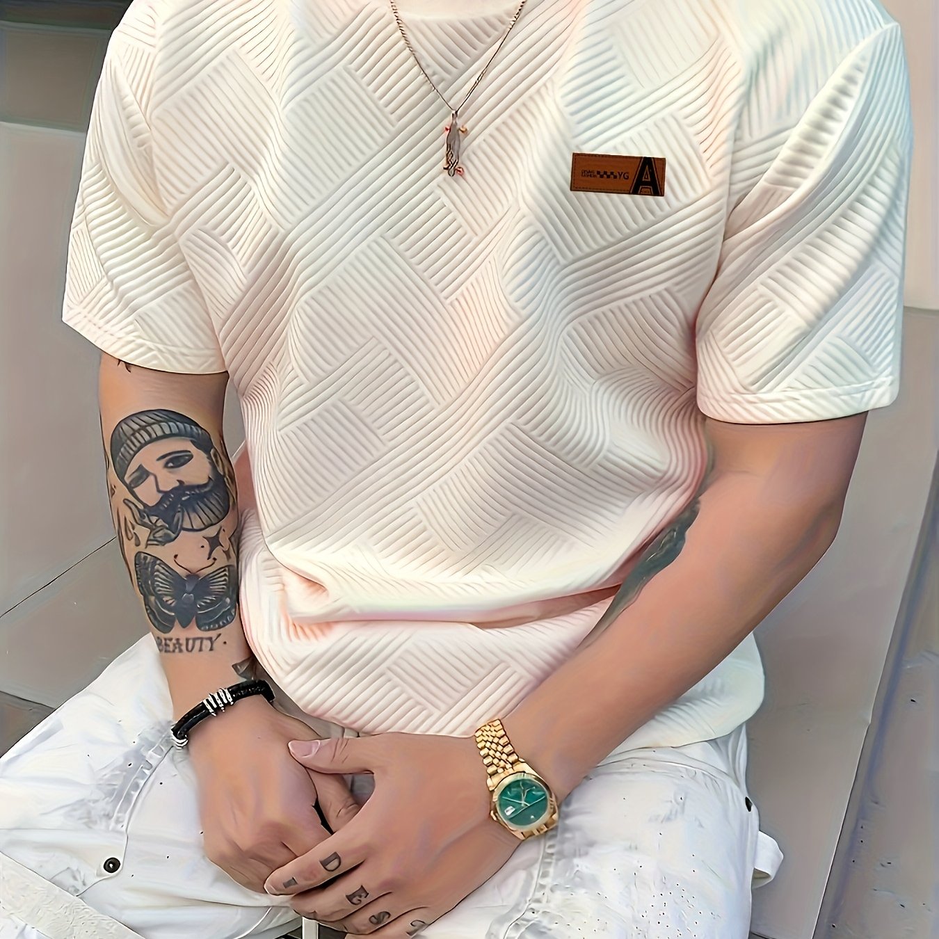 Men'S Casual Beige 3D-Cut Pattern Short Sleeve T-Shirt - 100% Polyester, Lightweight Knit Fabric, Slight Stretch, Regular Fit, Crew Neck, Fashion Color Top for Casual Attire, Leisure Clothing | Fashion Color Top | 3D-Cut Desi