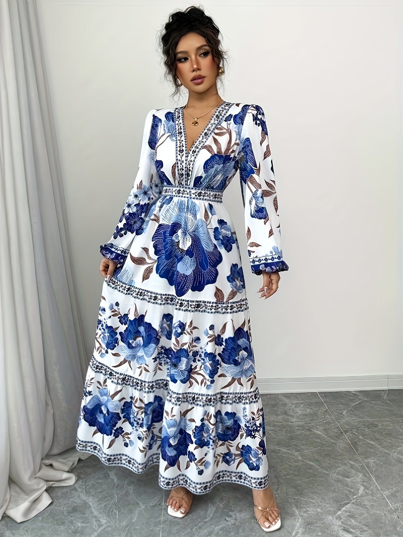 Women's Vacation Casual Floral Allover Print Lantern Sleeve Long Dress m186