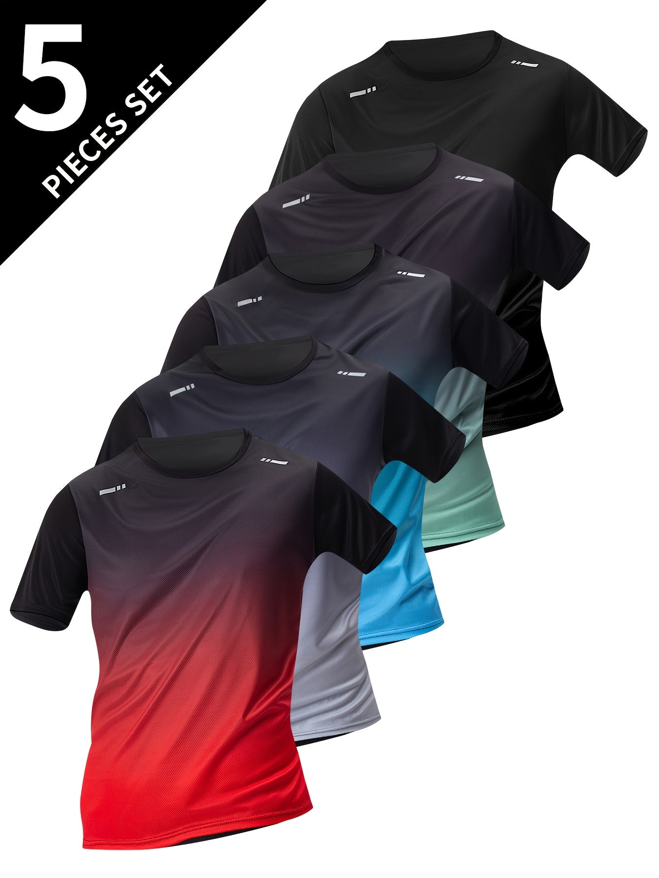 5pcs Men's Gradient Color Short Sleeve Crew Neck T-Shirts - Breathable, Quick-Dry Running & Fitness Shirts in Black, Red, Gray, Blue & Green Ombre Design, Gym Shirts