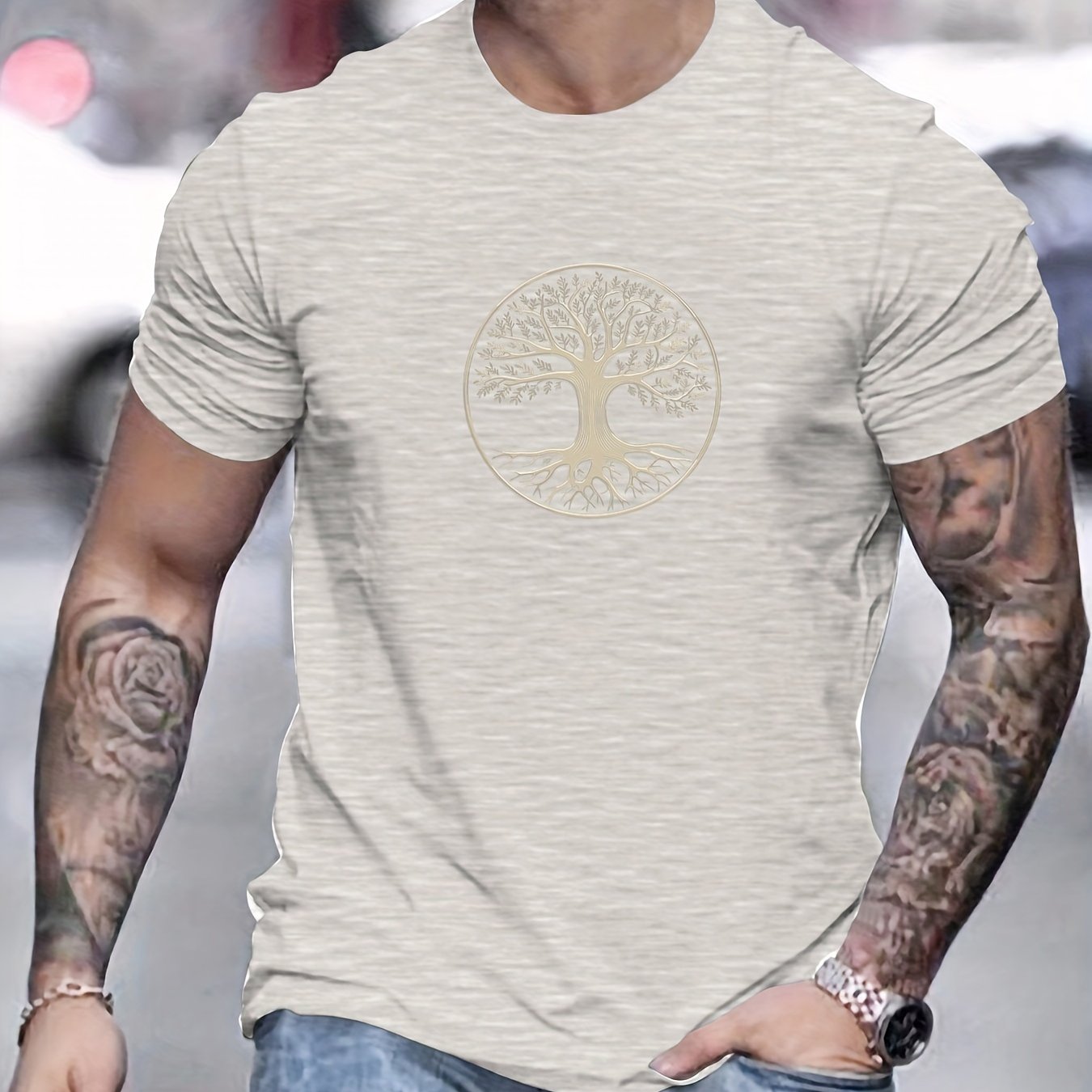 Camiseta masculina minimalista com estampa de árvore - preta e dourada, camiseta de verão respirável para uso diário e formal