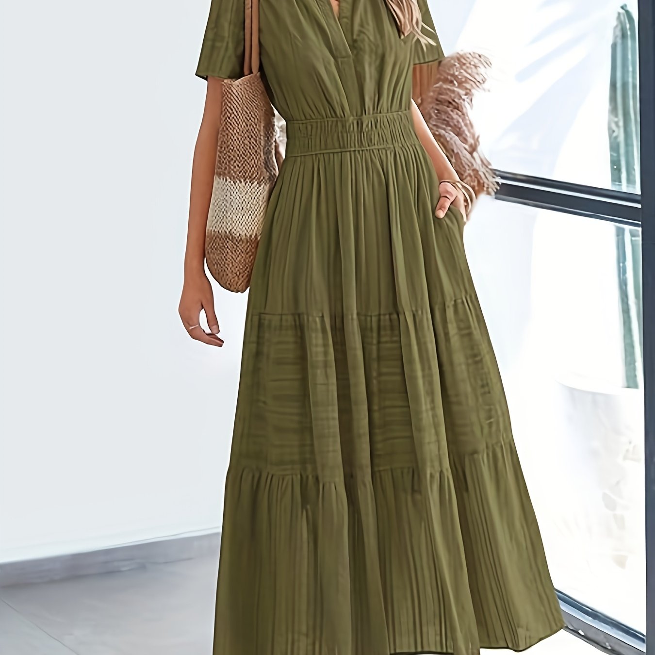 Elegant Navy Blue V-Neck Pleated Maxi Dress for Women - Summer Fashion with Ruffled Hem, Short Sleeves, and Cinched Waist, Polyester Fabric, Machine Washable, Cute Dress