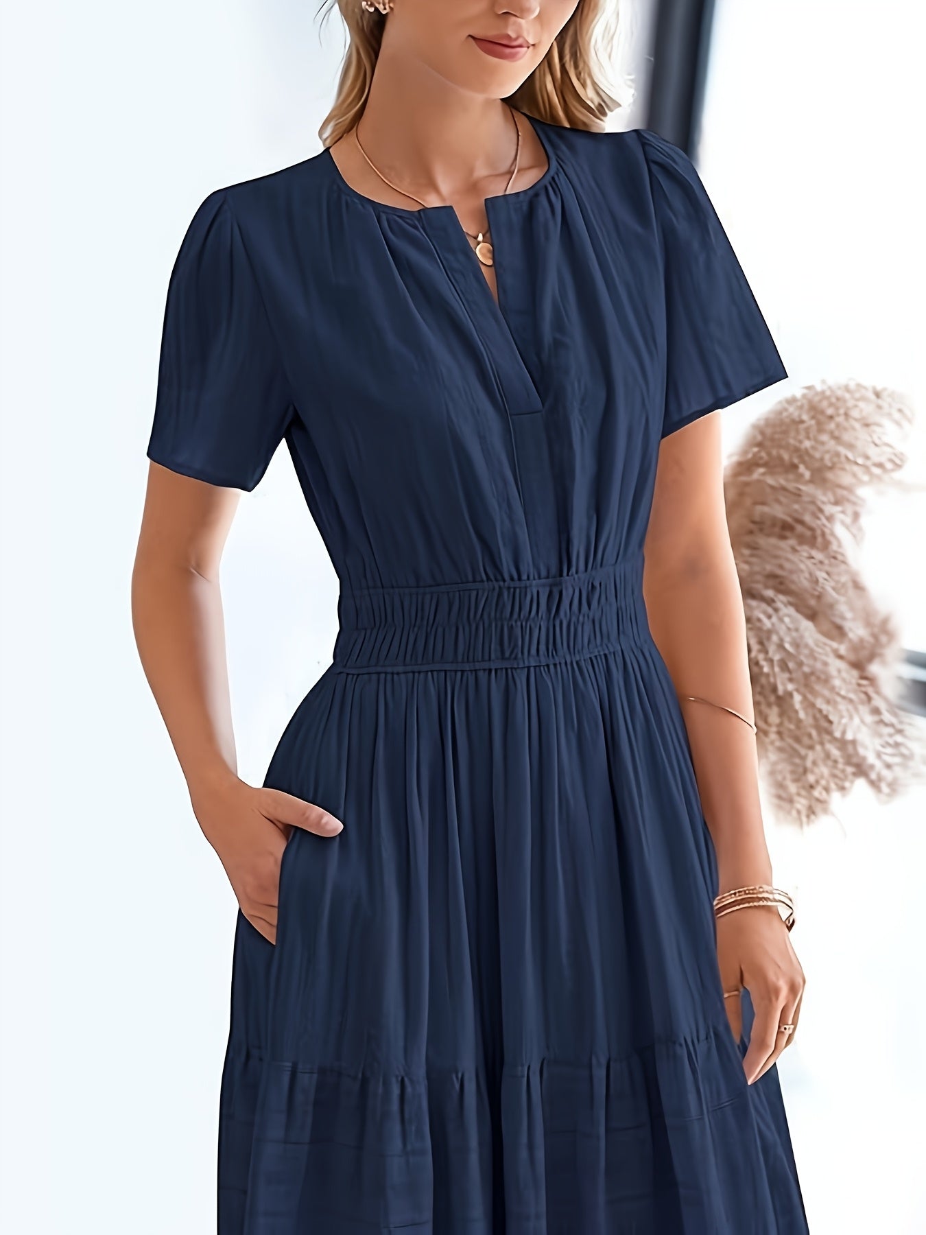 Elegant Navy Blue V-Neck Pleated Maxi Dress for Women - Summer Fashion with Ruffled Hem, Short Sleeves, and Cinched Waist, Polyester Fabric, Machine Washable, Cute Dress