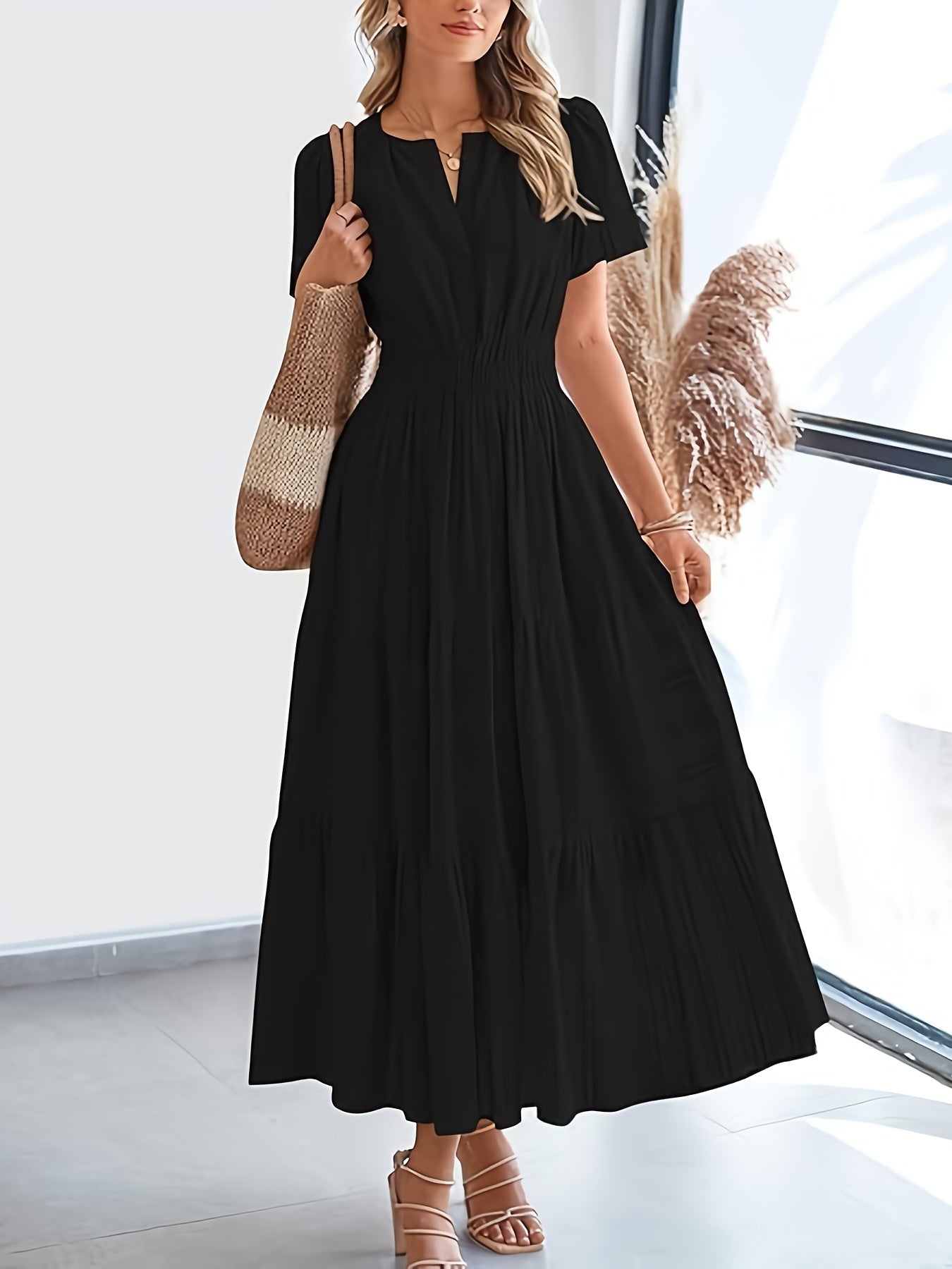 Elegant Navy Blue V-Neck Pleated Maxi Dress for Women - Summer Fashion with Ruffled Hem, Short Sleeves, and Cinched Waist, Polyester Fabric, Machine Washable, Cute Dress