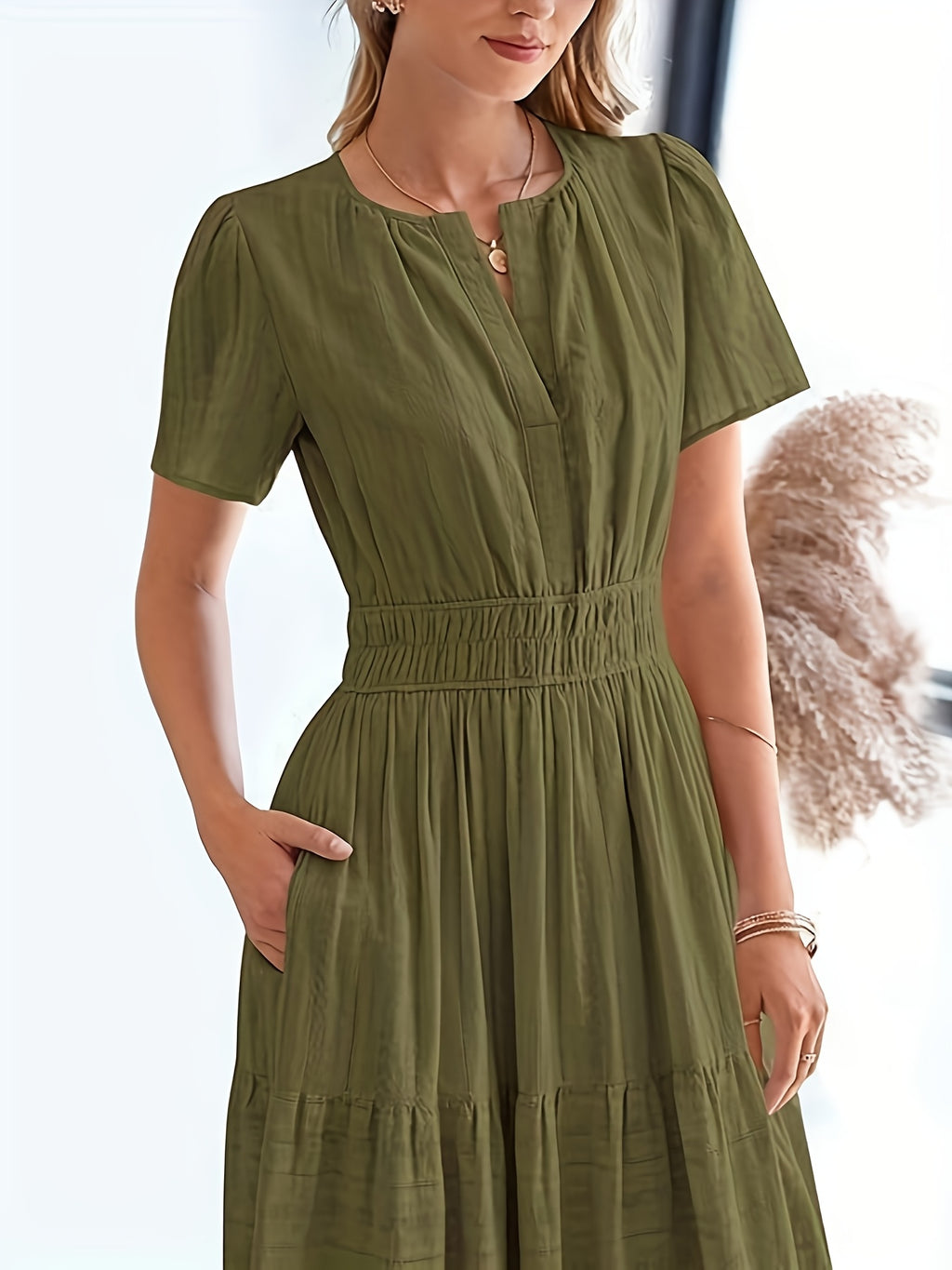 Elegant Navy Blue V-Neck Pleated Maxi Dress for Women - Summer Fashion with Ruffled Hem, Short Sleeves, and Cinched Waist, Polyester Fabric, Machine Washable, Cute Dress