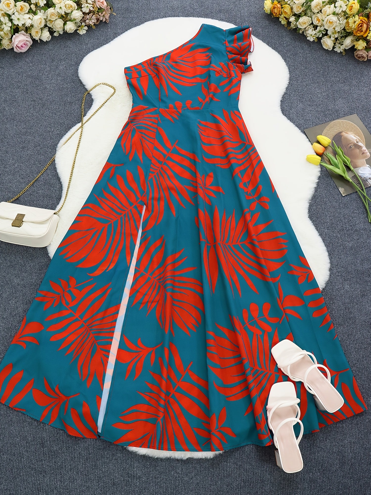 1pc Women'S Tropical Print Maxi Dress, One-Shoulder Ruffle Detail, Polyester A-Line Pendulum Style, Casual Spring/Summer/Fall Wear