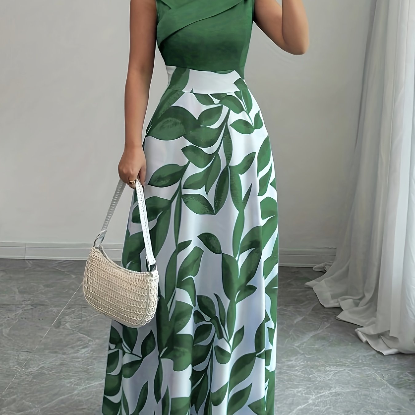 Elegant V-Neck Floral Print A-Line Maxi Dress with Pockets - Green Leaf Pattern, Short Sleeve, Cinched Waist, Flowy Skirt, Perfect for Summer, Casual to Formal Wear, Casual Summer Dress | Vneck Dress | Cinched Waist Design