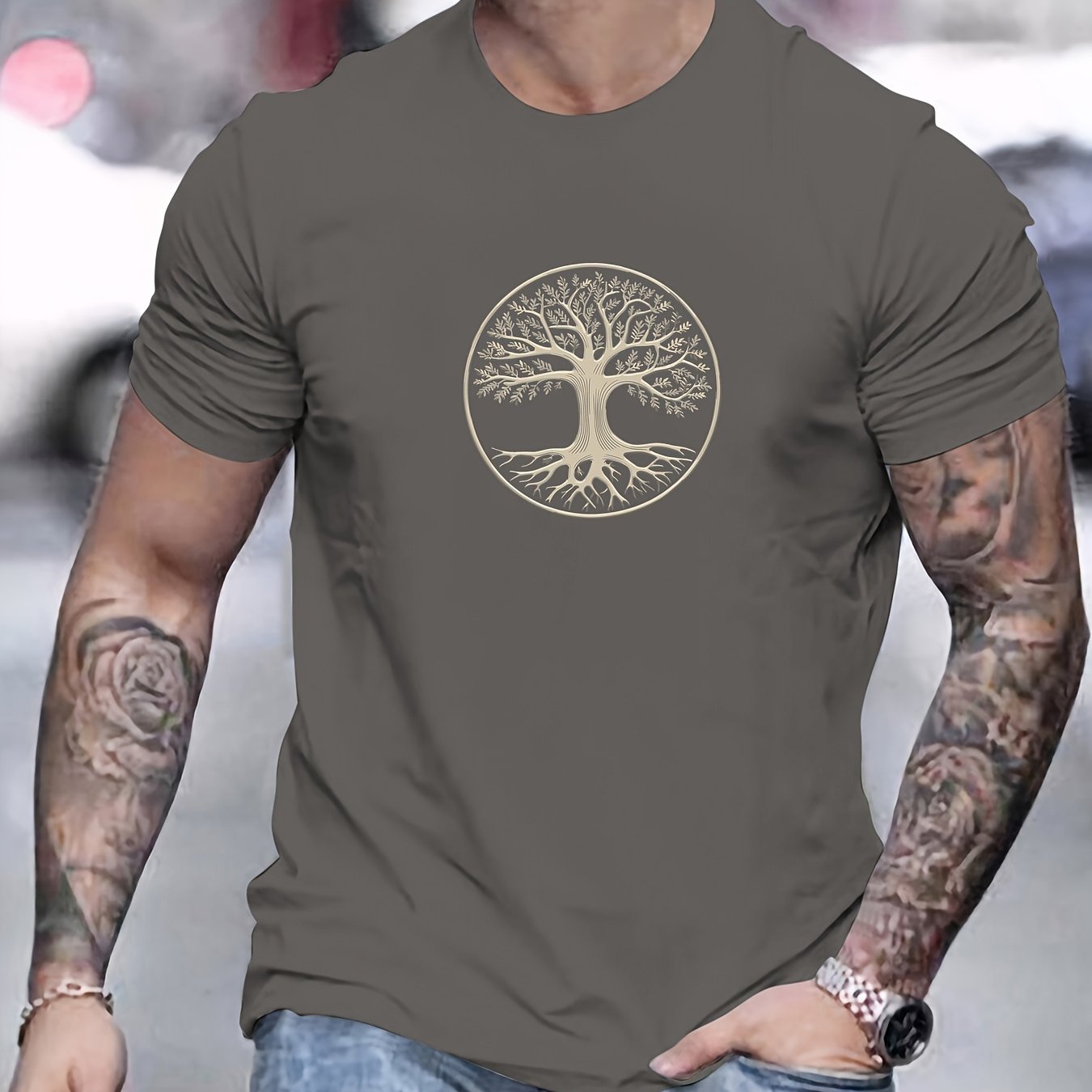 Camiseta masculina minimalista com estampa de árvore - preta e dourada, camiseta de verão respirável para uso diário e formal