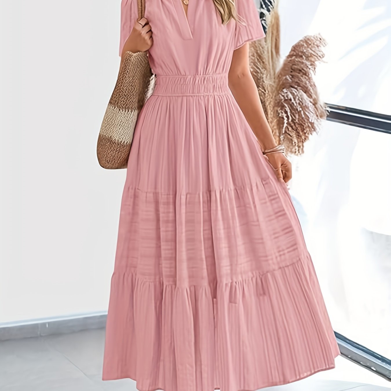 Elegant Navy Blue V-Neck Pleated Maxi Dress for Women - Summer Fashion with Ruffled Hem, Short Sleeves, and Cinched Waist, Polyester Fabric, Machine Washable, Cute Dress
