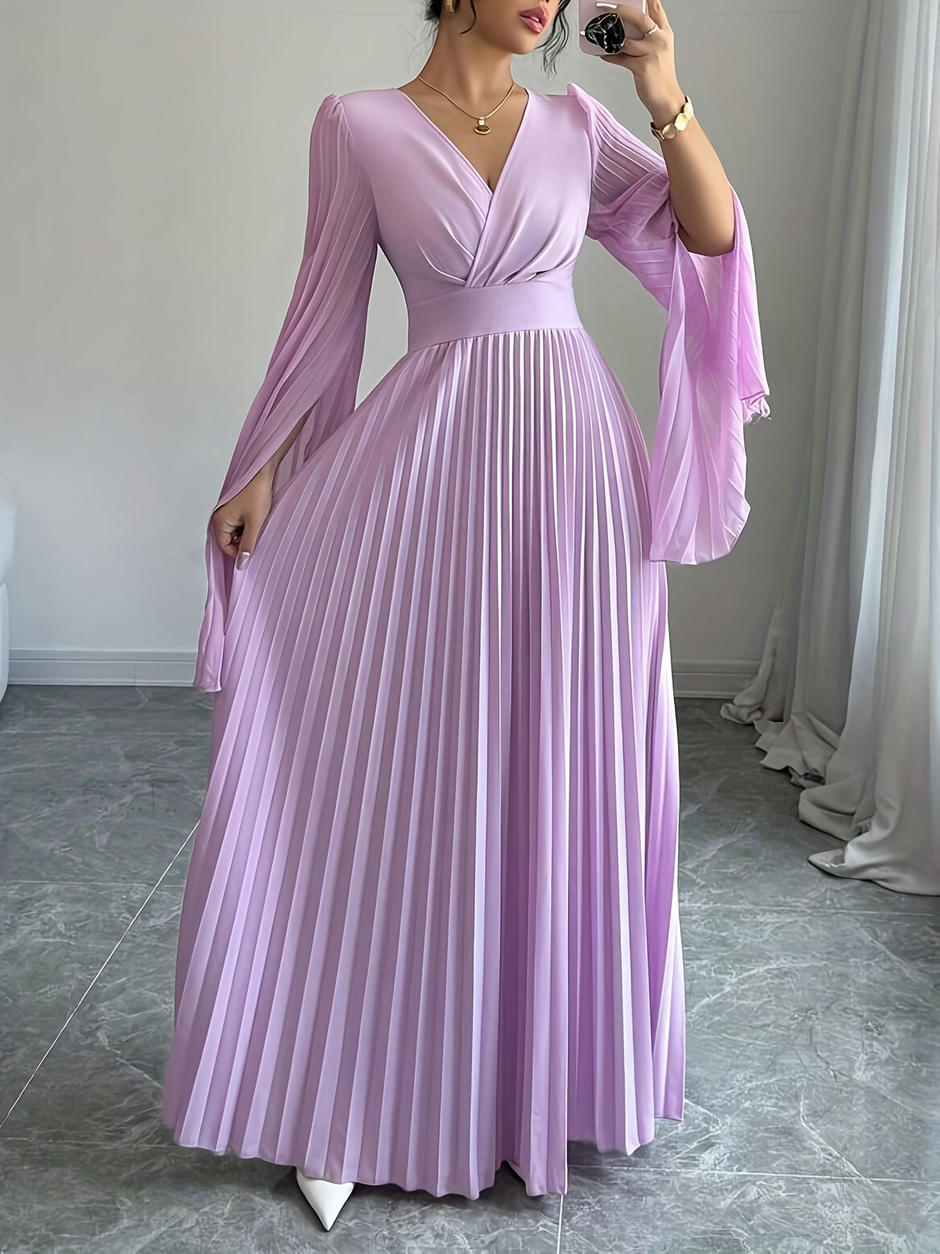 Women's Elegant V-Neck Pleated Open Sleeve Maxi Dress - Fitted Solid Black Machine-Washable Lightweight Spring/Summer Romantic Formal & Casual Outfit