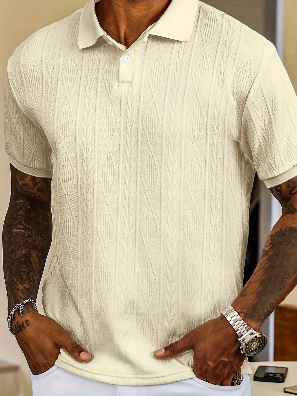 Men'S Casual Black Textured Polo Shirt with "LOVE" Design - Perfect Valentine'S Day Gift for Boyfriend or Husband, Casual Summer Top|Textured Pattern Shirt|Polyester Knit Fabric