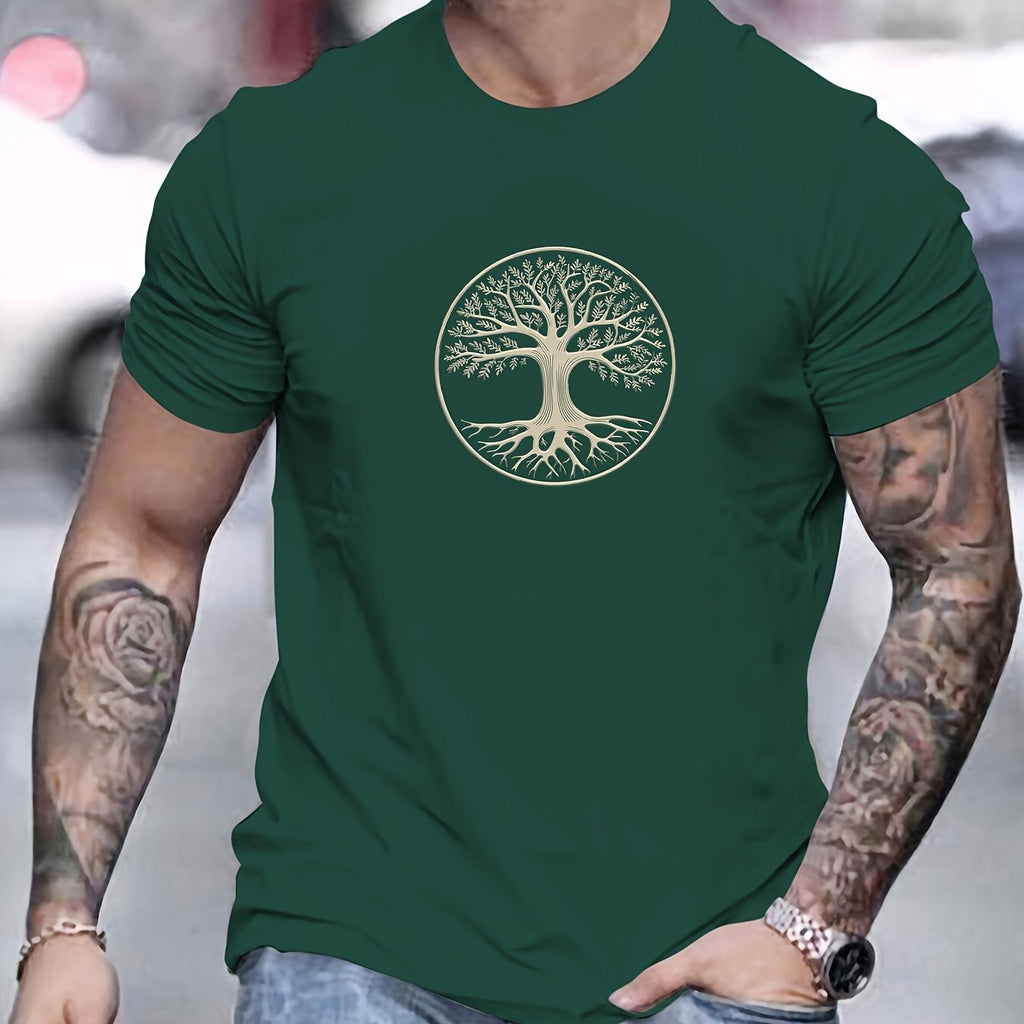 Camiseta masculina minimalista com estampa de árvore - preta e dourada, camiseta de verão respirável para uso diário e formal
