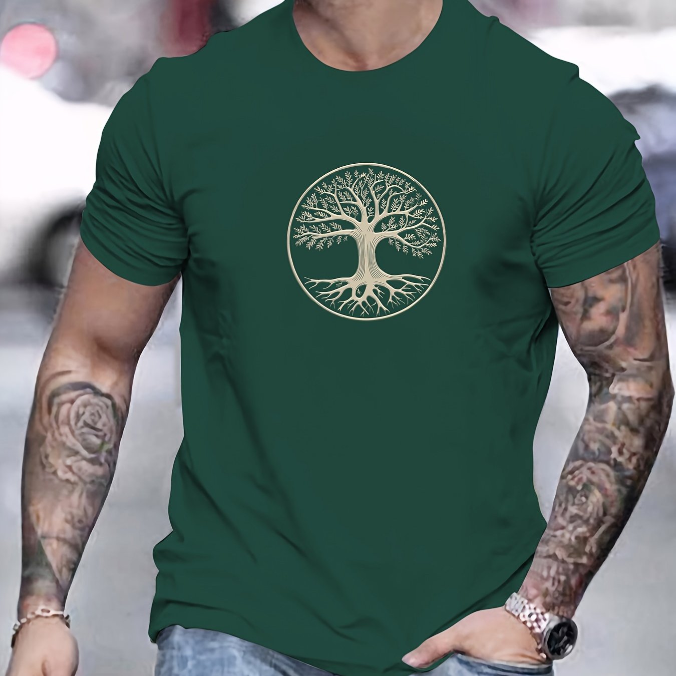 Camiseta masculina minimalista com estampa de árvore - preta e dourada, camiseta de verão respirável para uso diário e formal