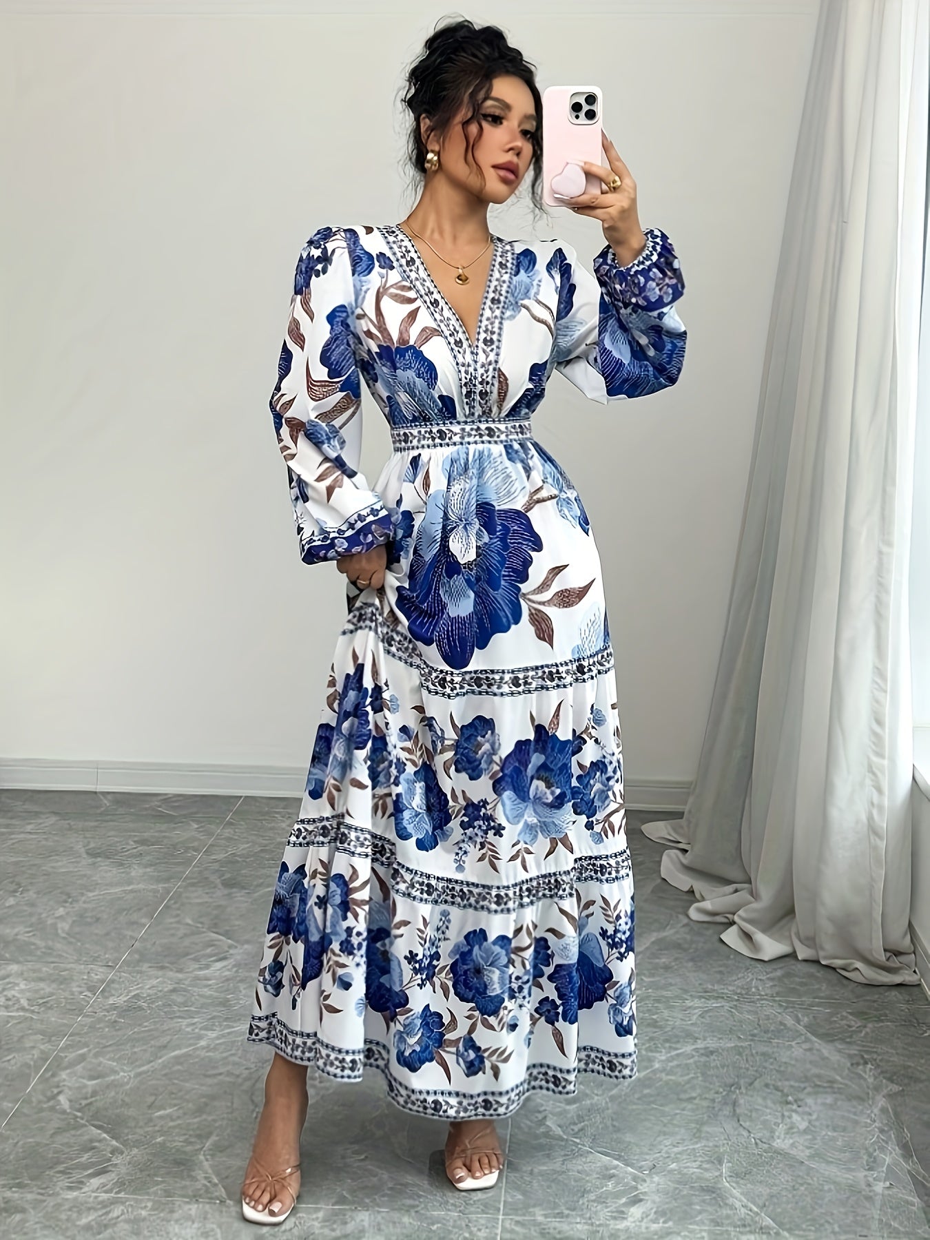 Women's Vacation Casual Floral Allover Print Lantern Sleeve Long Dress m186