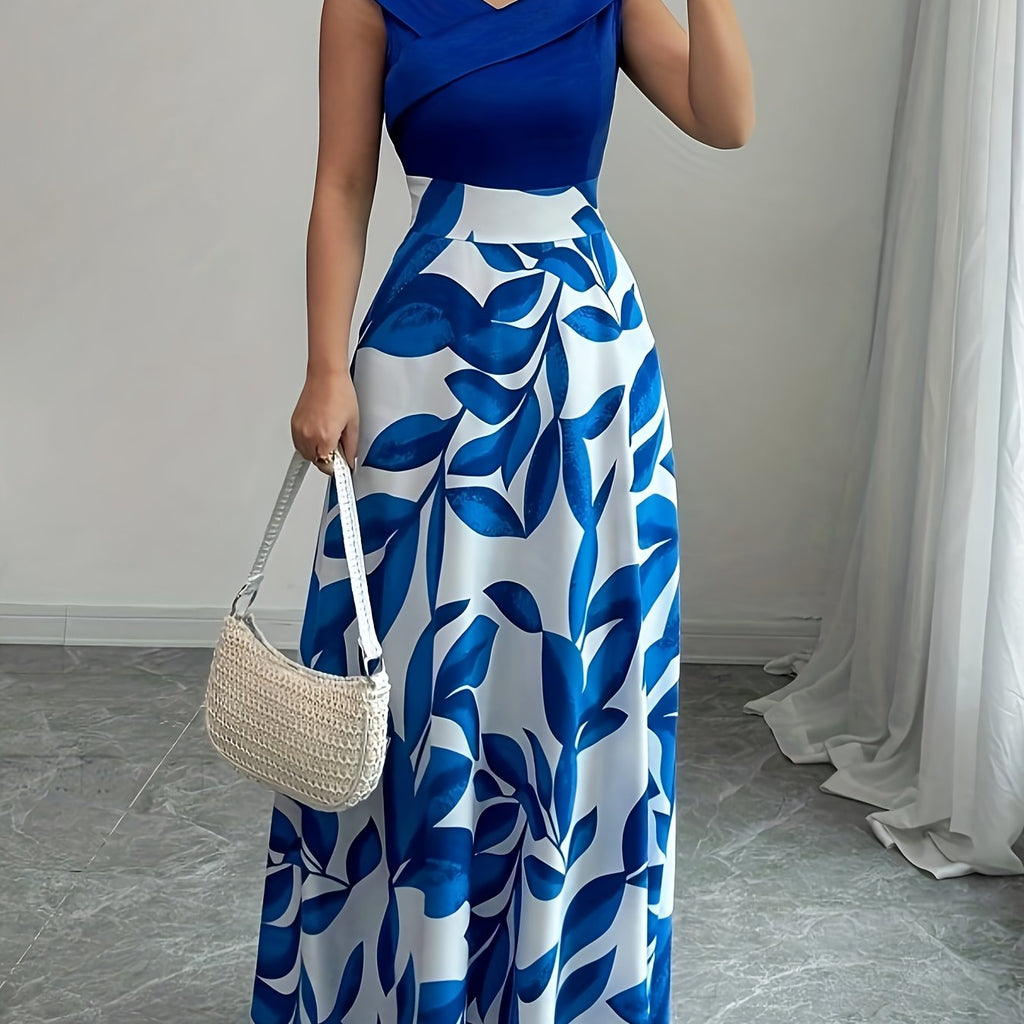 Elegant V-Neck Floral Print A-Line Maxi Dress with Pockets - Green Leaf Pattern, Short Sleeve, Cinched Waist, Flowy Skirt, Perfect for Summer, Casual to Formal Wear, Casual Summer Dress | Vneck Dress | Cinched Waist Design