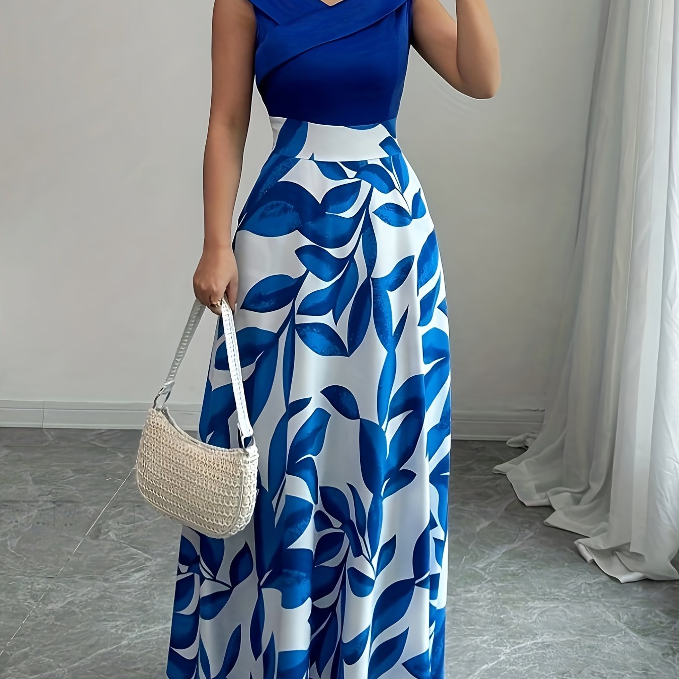 Elegant V-Neck Floral Print A-Line Maxi Dress with Pockets - Green Leaf Pattern, Short Sleeve, Cinched Waist, Flowy Skirt, Perfect for Summer, Casual to Formal Wear, Casual Summer Dress | Vneck Dress | Cinched Waist Design