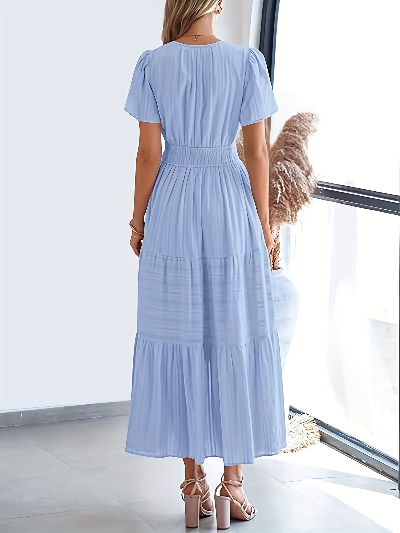 Elegant Navy Blue V-Neck Pleated Maxi Dress for Women - Summer Fashion with Ruffled Hem, Short Sleeves, and Cinched Waist, Polyester Fabric, Machine Washable, Cute Dress