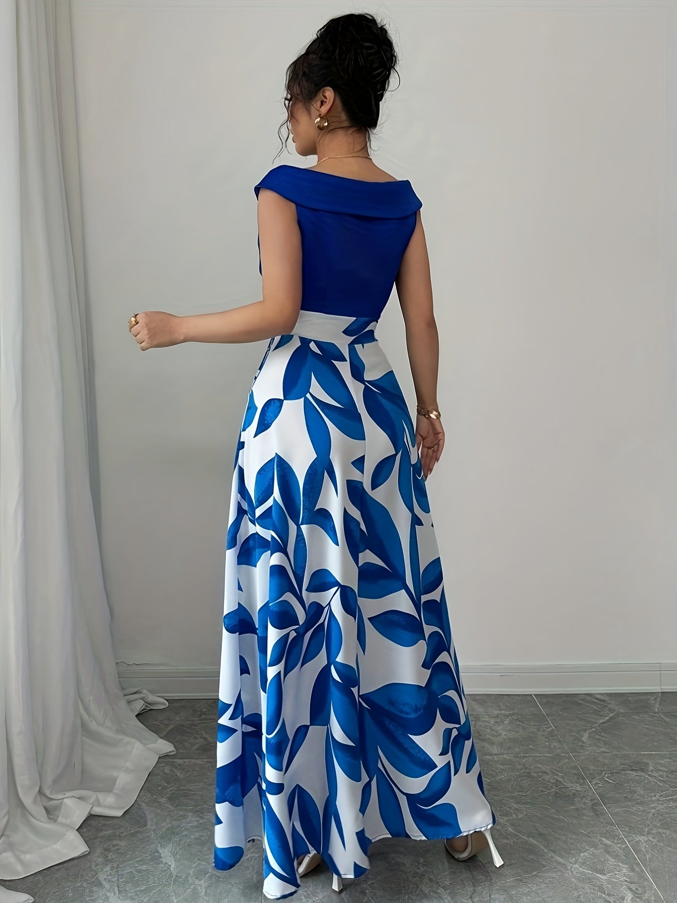 Elegant V-Neck Floral Print A-Line Maxi Dress with Pockets - Green Leaf Pattern, Short Sleeve, Cinched Waist, Flowy Skirt, Perfect for Summer, Casual to Formal Wear, Casual Summer Dress | Vneck Dress | Cinched Waist Design