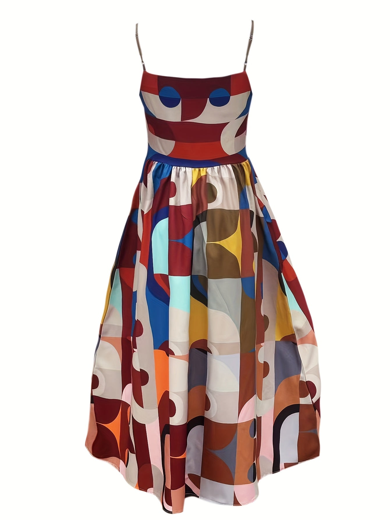 2025 Colorful Retro Geometric Print Spaghetti Strap Dress Sweet Youthful Elegant Bohemian Vacation Style Adjustable Thin Straps Beach Sleeveless Mid-Length Spaghetti Strap Dress Summer Unique Special Holiday Gift Dress Beachw