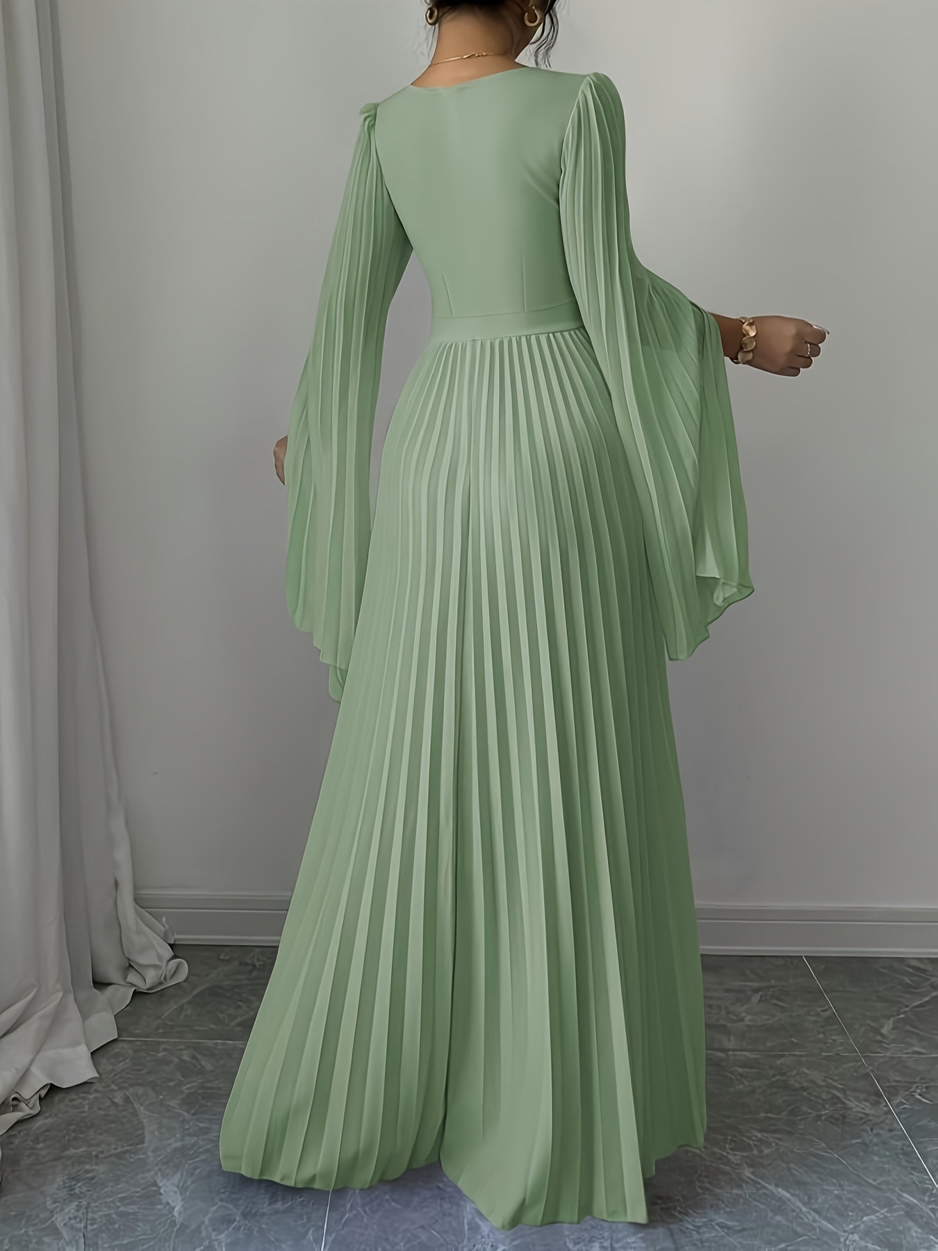 Women's Elegant V-Neck Pleated Open Sleeve Maxi Dress - Fitted Solid Black Machine-Washable Lightweight Spring/Summer Romantic Formal & Casual Outfit